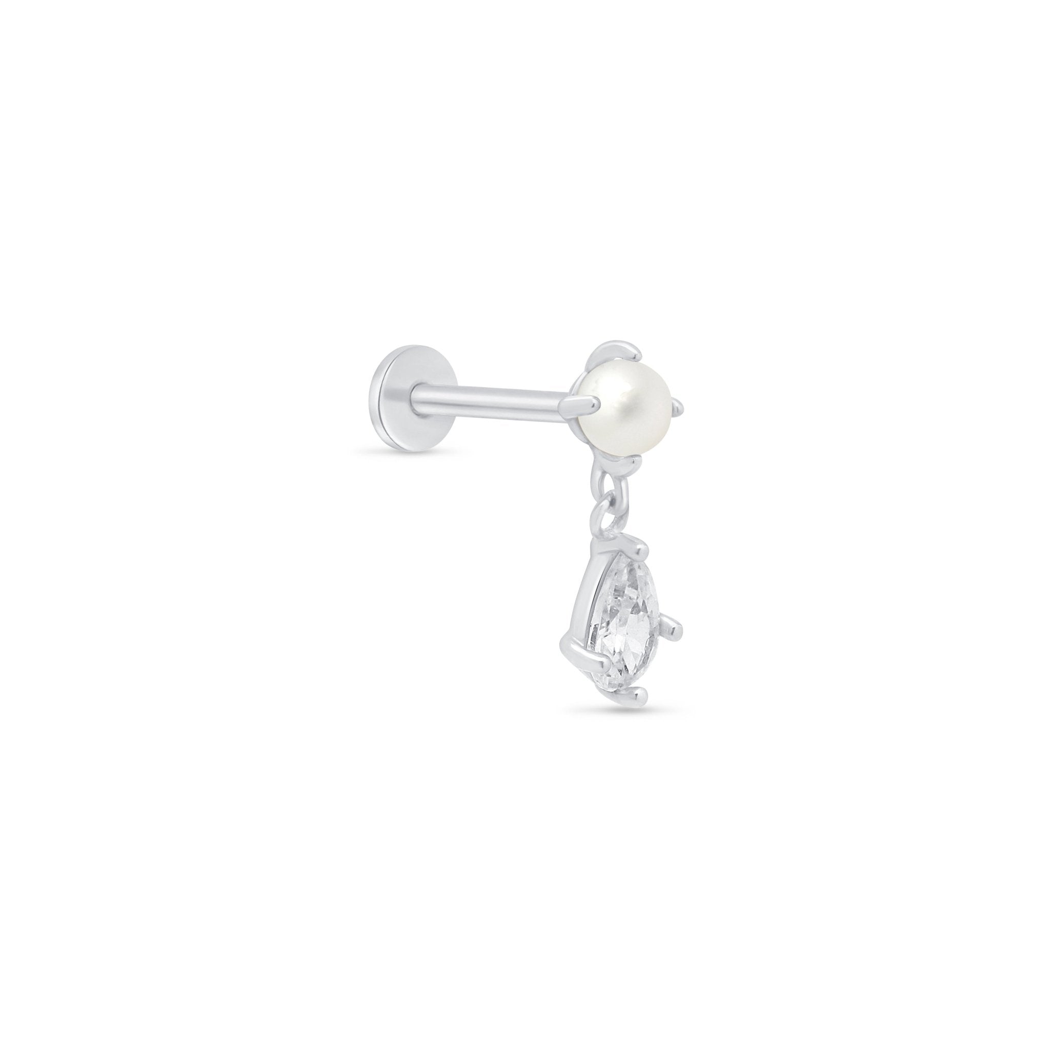 14K White Gold Pearl & Marquise Drop Flat Back Stud Earrings - Elegant Dangle Earrings for Women, Perfect for Weddings, Parties & Special Occasions