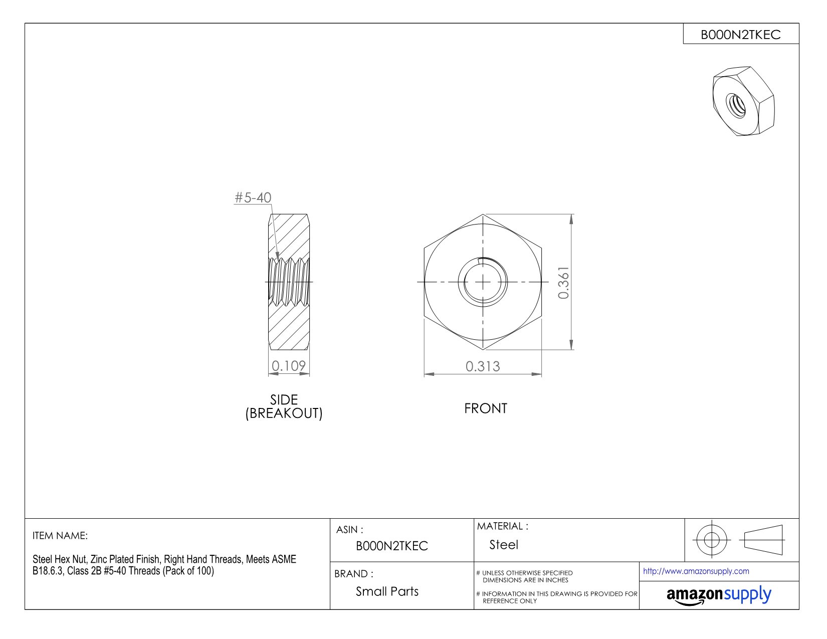 ASME B18.6.3 Zinc Plated Steel Machine Screw Hex Nut, #5-40 Thread, 7/64