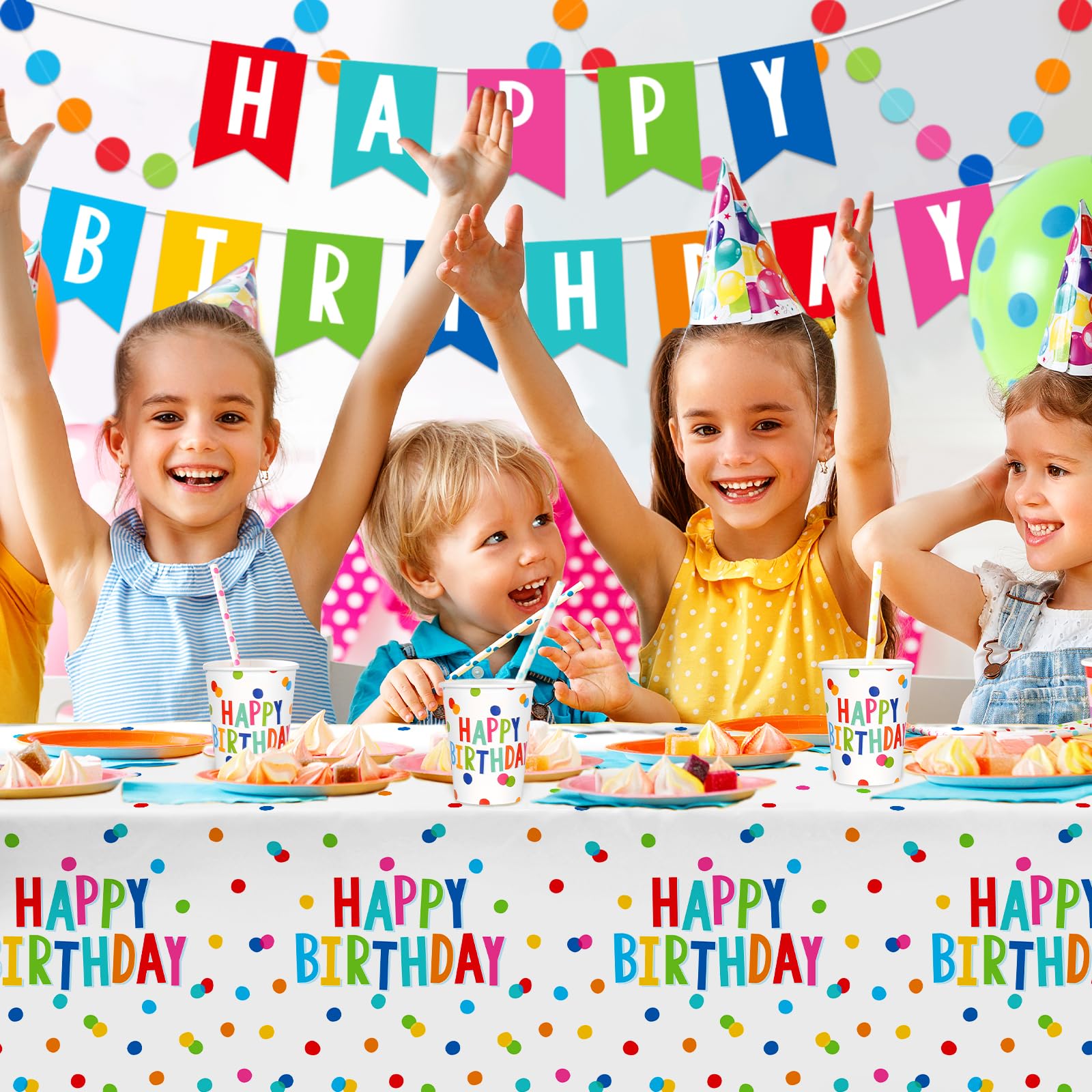 Happy Birthday Party Supplies Set - 25-Piece Disposable Paper Plates, Napkins, Cups, Tablecloth & Banner with Dots Design for Boys & Girls | Birthday Decorations for Kids, Adults & Family Celebrations