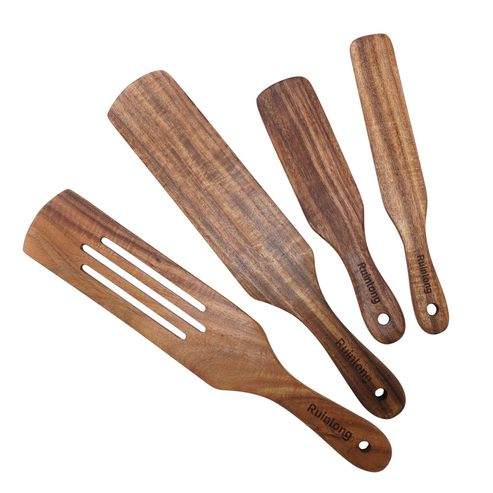 4-Piece Teak Wooden Kitchen Utensil Set - Wooden Spatula, Spoon & Cooking Tools for Baking, Stirring & Serving - Durable & Easy to Clean for Everyday Cooking & Gift Giving