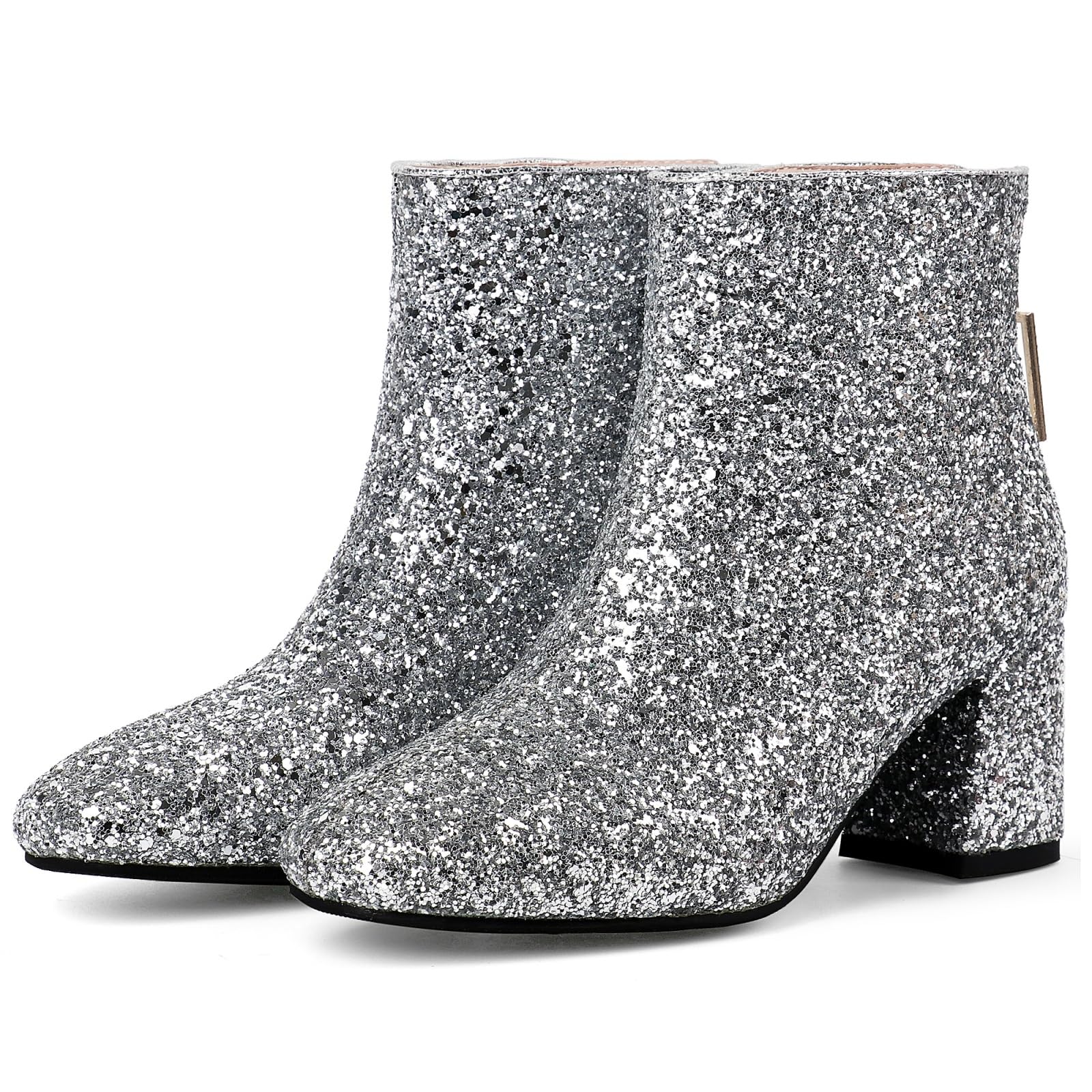 MAVMAX Women's Sequin Glitter Ankle Boots - Chunky Heel Sparkly Booties for Party, Night Out & Holiday Celebrations
