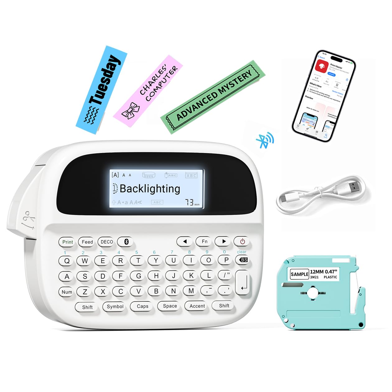 Rechargeable Bluetooth Label Maker M950 - Waterproof Label Printer with Keyboard & Backlit Screen | Portable Labeling Machine for Home, Office, School & Organization | DIY Crafts, Pantry, File & Storage Labels