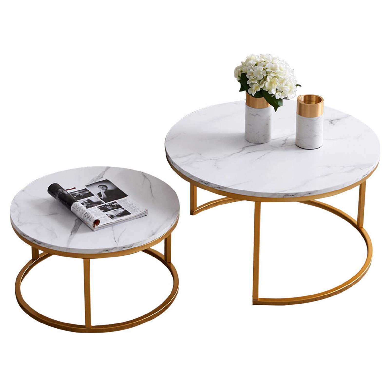 Modern Round Marble Nesting Coffee Tables - 32 Inch Living Room End Tables with Marble Top, Sofa Side Tables for Snacks & Decor, Home & Office Furniture - Perfect for Small Spaces, Entertaining Guests, and Stylish Interior Design
