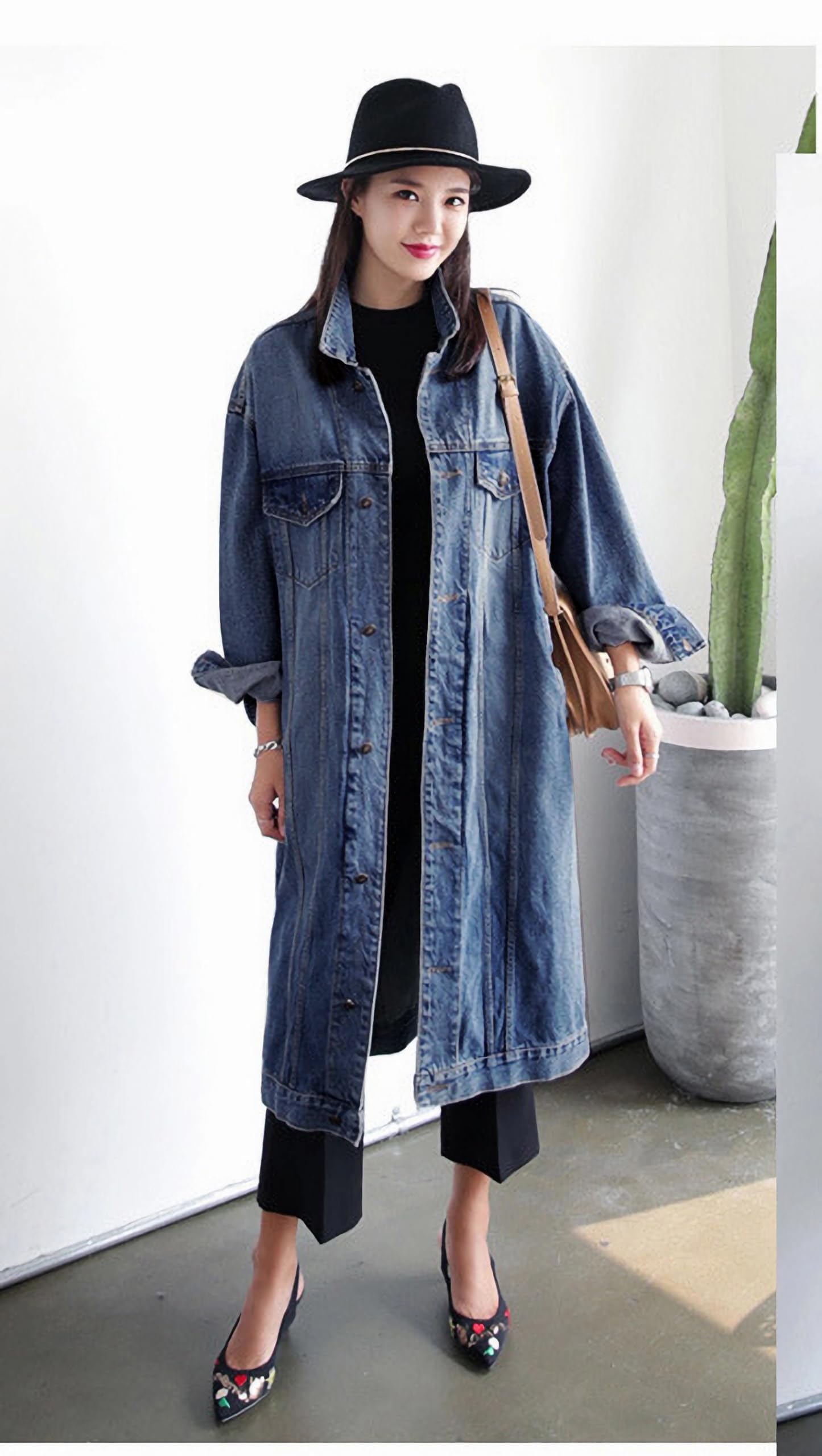 Women's Plus Size Classic Denim Jacket - Loose Fit Long Sleeve Button Down Jean Trench Coat for Casual Outfits & Spring Layering