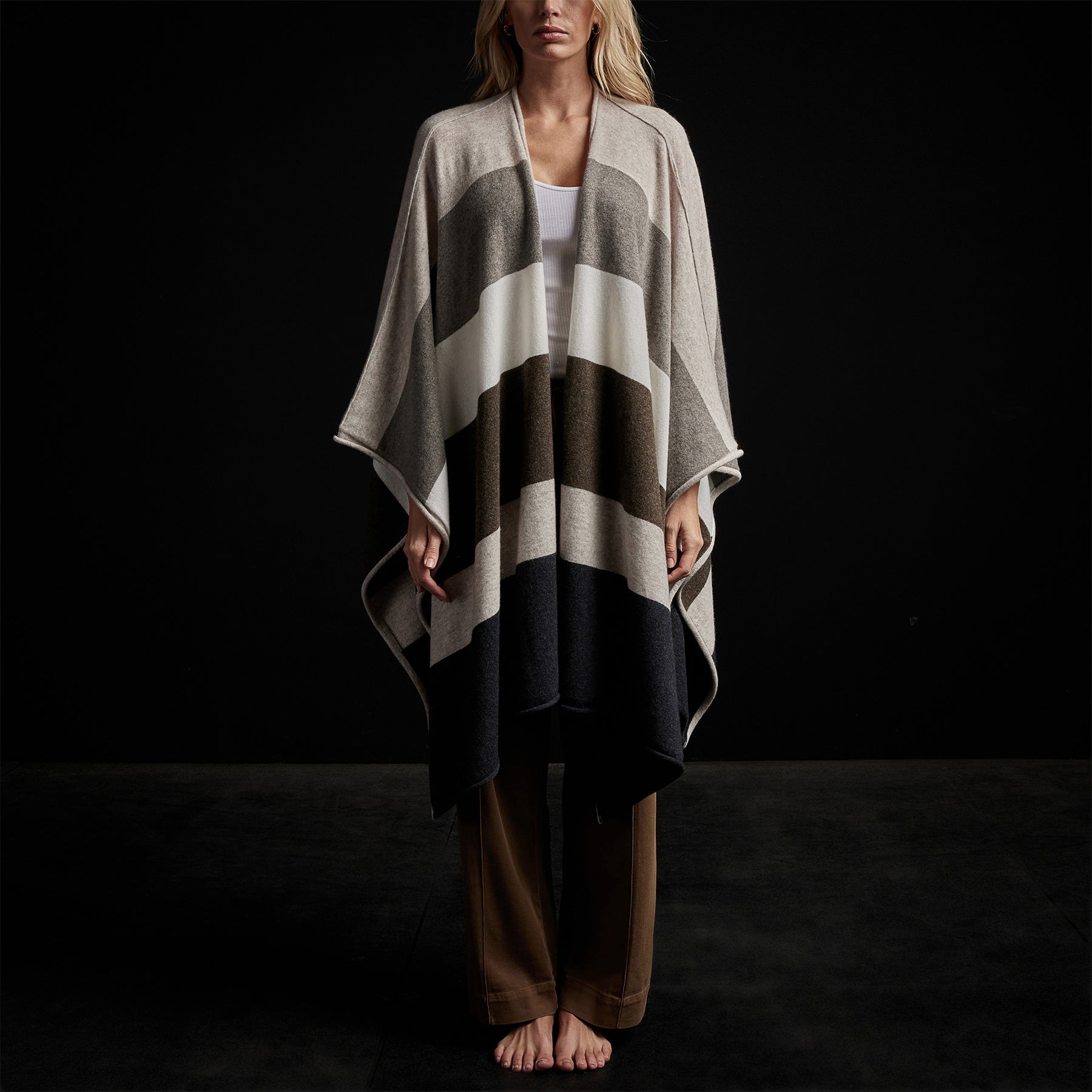Eco-Friendly Recycled Cashmere Multi-Striped Poncho Shawl - Soft Beige Mix for Women | Perfect for Fall Layering, Casual Outings & Cozy Evenings