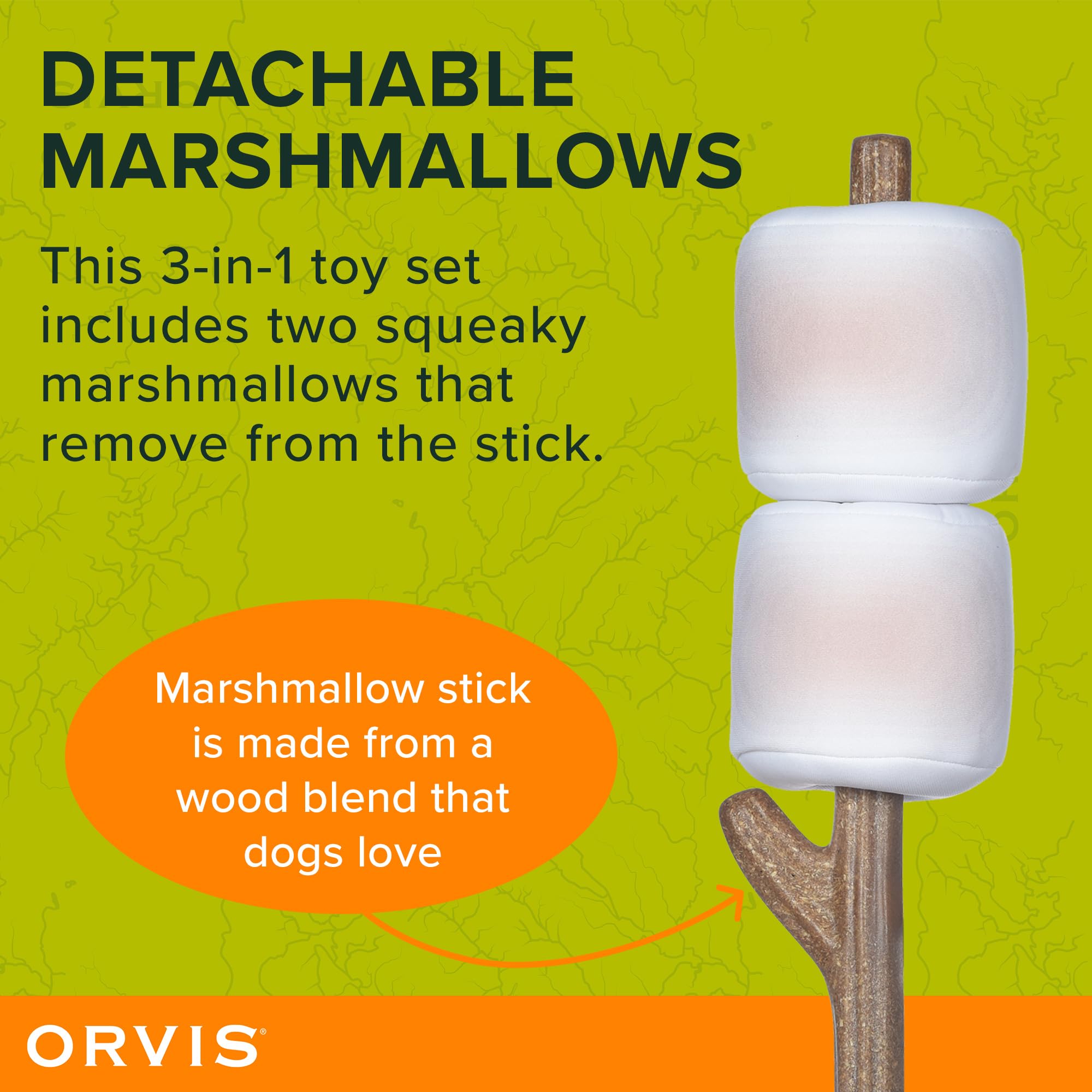 Orvis Floating Dog Toy - Durable Plush Fetch & Chew Stick with Removable Squeaky Marshmallows | Interactive Water & Camping Toy for Dogs | Perfect for Pool, Lake & Outdoor Play