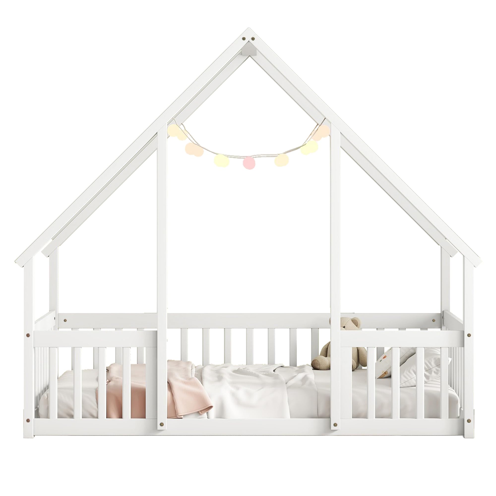 Montessori Twin Size House Bed for Kids - Wooden Floor Bed with Safety Fence Rails - White Bed Frame for Girls, Boys & Teens - Perfect for Playrooms, Bedrooms & Montessori Learning Spaces