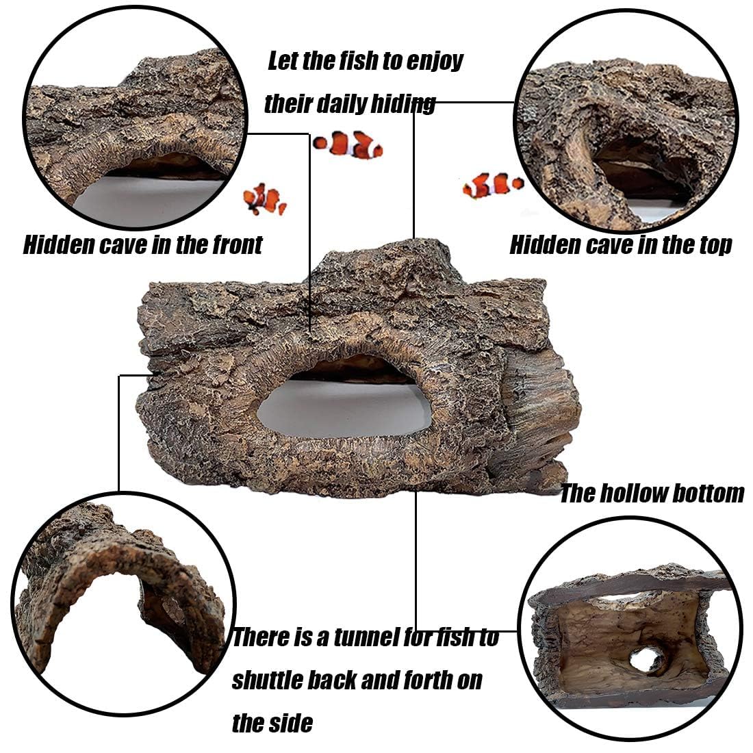Resin Aquarium Cave Decor - Hollow Tree Trunk Hideout for Fish & Turtles - 6.1x3.9x3.1IN - Perfect for Betta & Shrimp Tanks