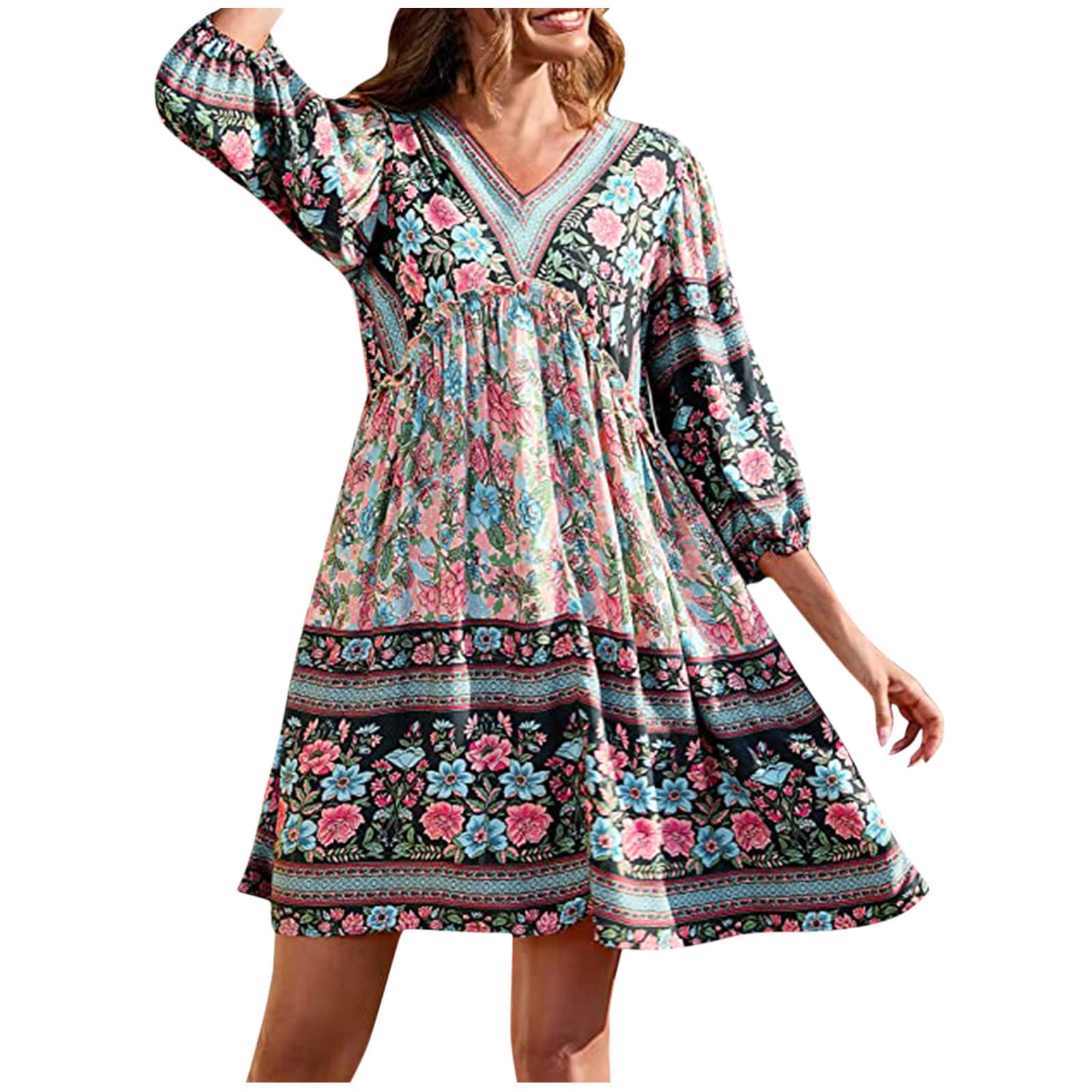 Women's Casual Floral Boho Mini Dress - V Neck 3/4 Sleeve Ruffle Pleated Tiered Beach Dress for Spring Summer | Perfect for Vacations, Date Nights & Outdoor Parties
