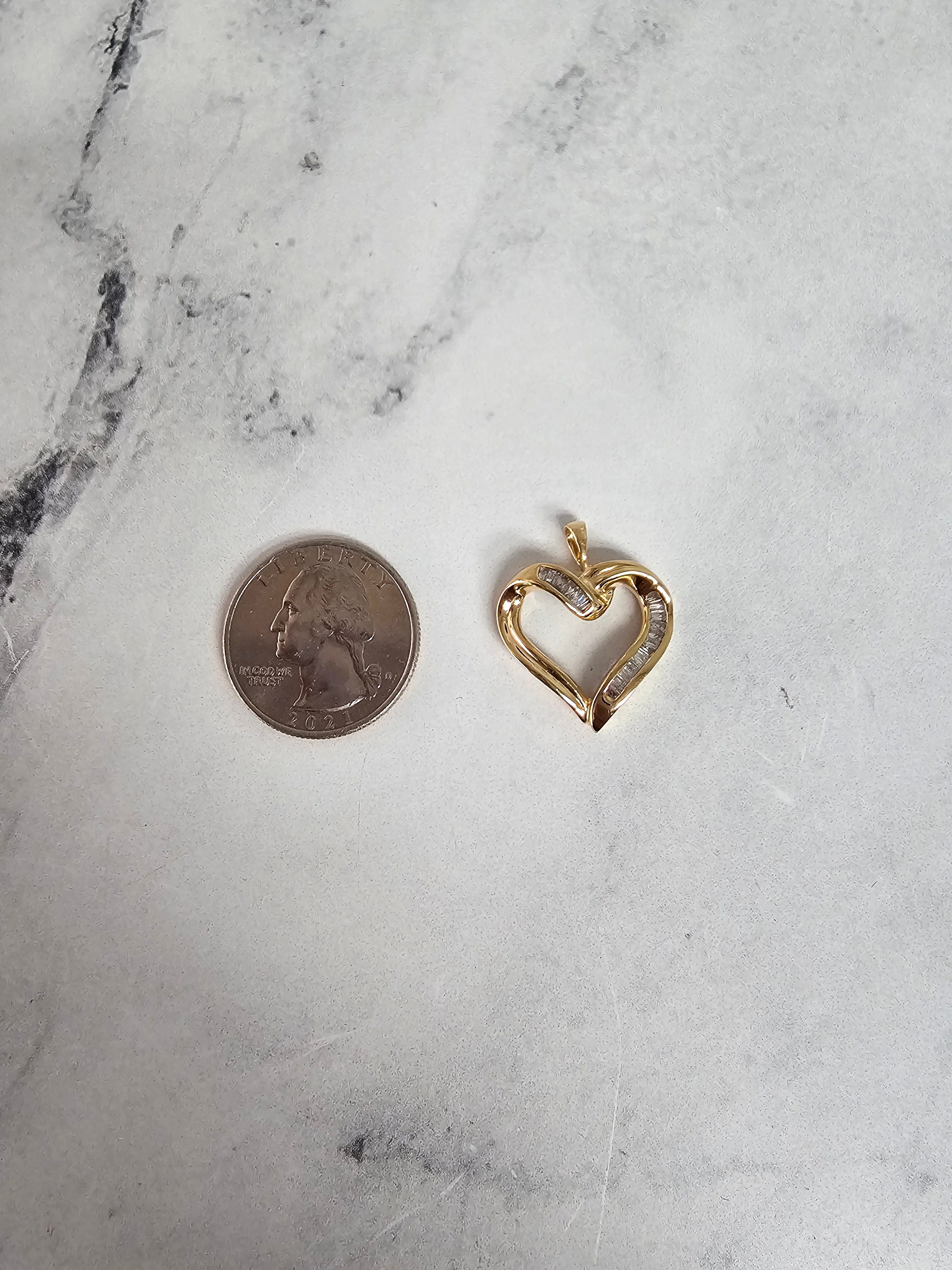 14K Yellow Gold Baguette Heart Shaped Diamond Necklace - Elegant Valentine's Gift for Her, Anniversary Jewelry, Romantic Proposal Present