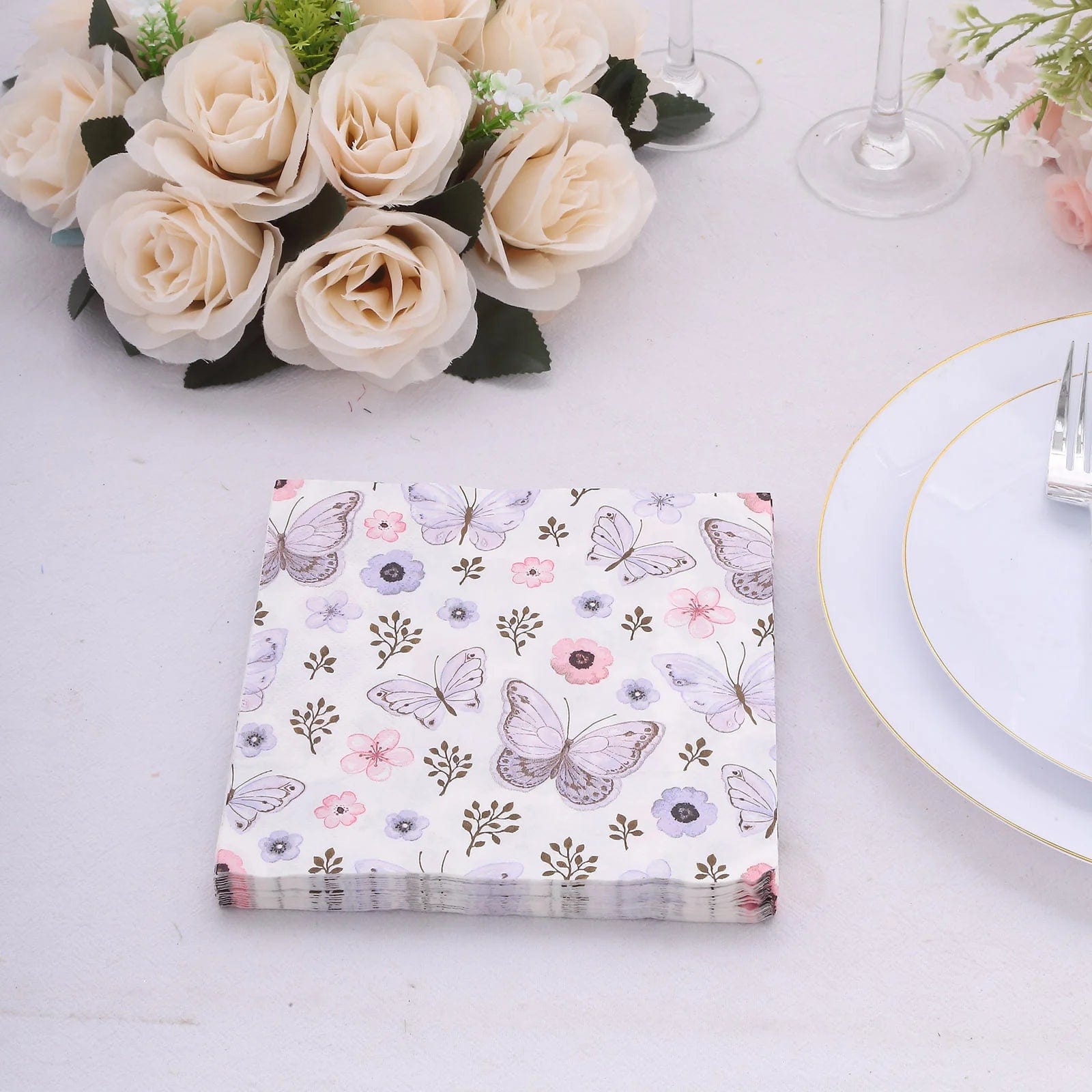 20-Pack Disposable 13x13 Inch Ivory & Lavender Butterfly Cocktail Napkins - Elegant Party, Wedding, Bridal Shower & Dinner Table Decorations