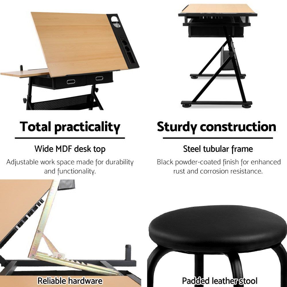 Adjustable Tilt Drafting Table Stool Set - Natural Wood & Black Metal - Perfect for Artists, Architects & Designers - Home Office & Studio Furniture