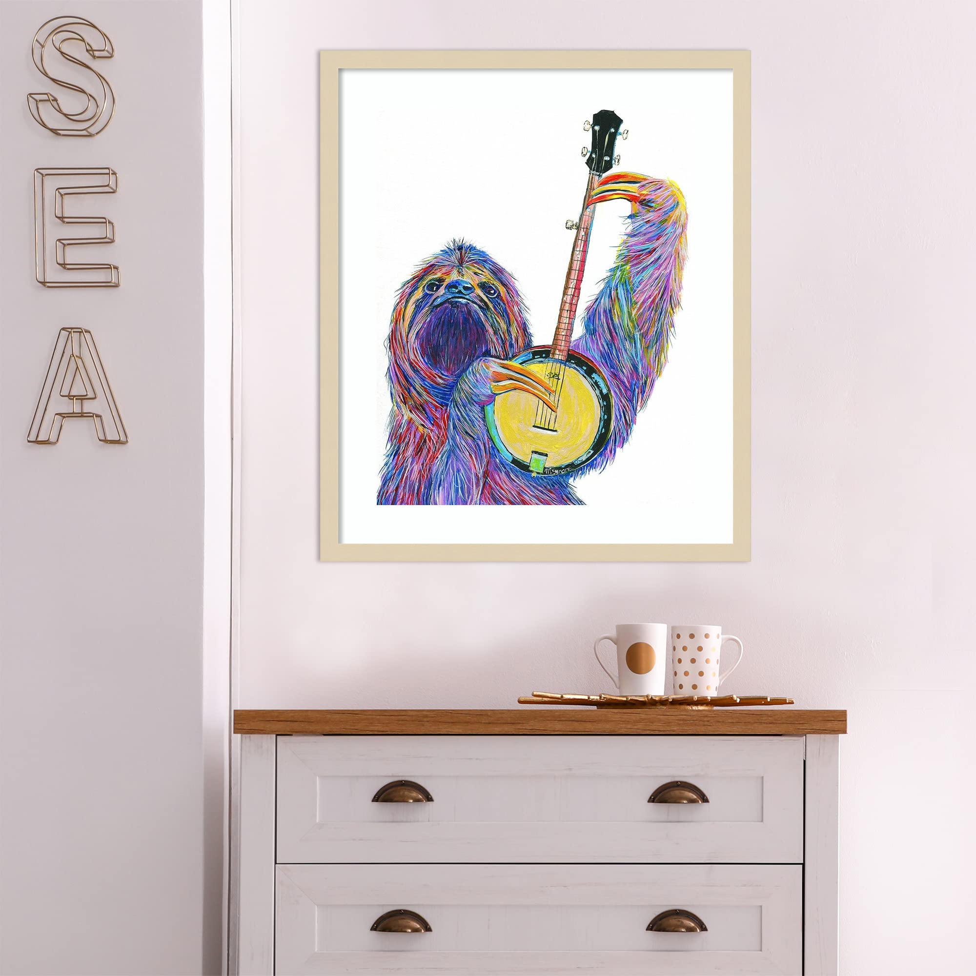 Amanti Art Framed Wall Art Print 25x21 - Slow Banjo by Melissa Symons | Whimsical Animal Wall Decor | Medium Poster Painting for Living Room, Bedroom, Office | Perfect for Home & Business Decor
