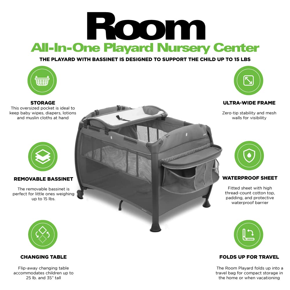 Joovy Room-Playard Portable Baby Playpen with Removable Bassinet & Changing Table - Charcoal Gray | Nursery Center for Newborns & Toddlers | Perfect for Home, Travel & Daycare Use