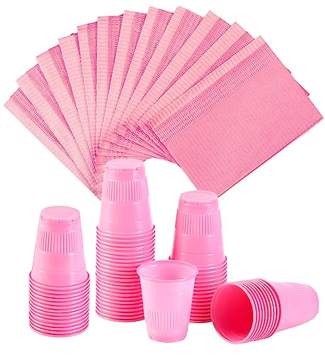 JMU Pink Disposable Dental Bibs 125pcs - Waterproof Dental Patient Bibs with 50pcs 5oz Plastic Rinse Cups - Dental Office Supplies for Dentists, Hygienists & Clinics - Ideal for Dental Exams, Cleanings & Procedures
