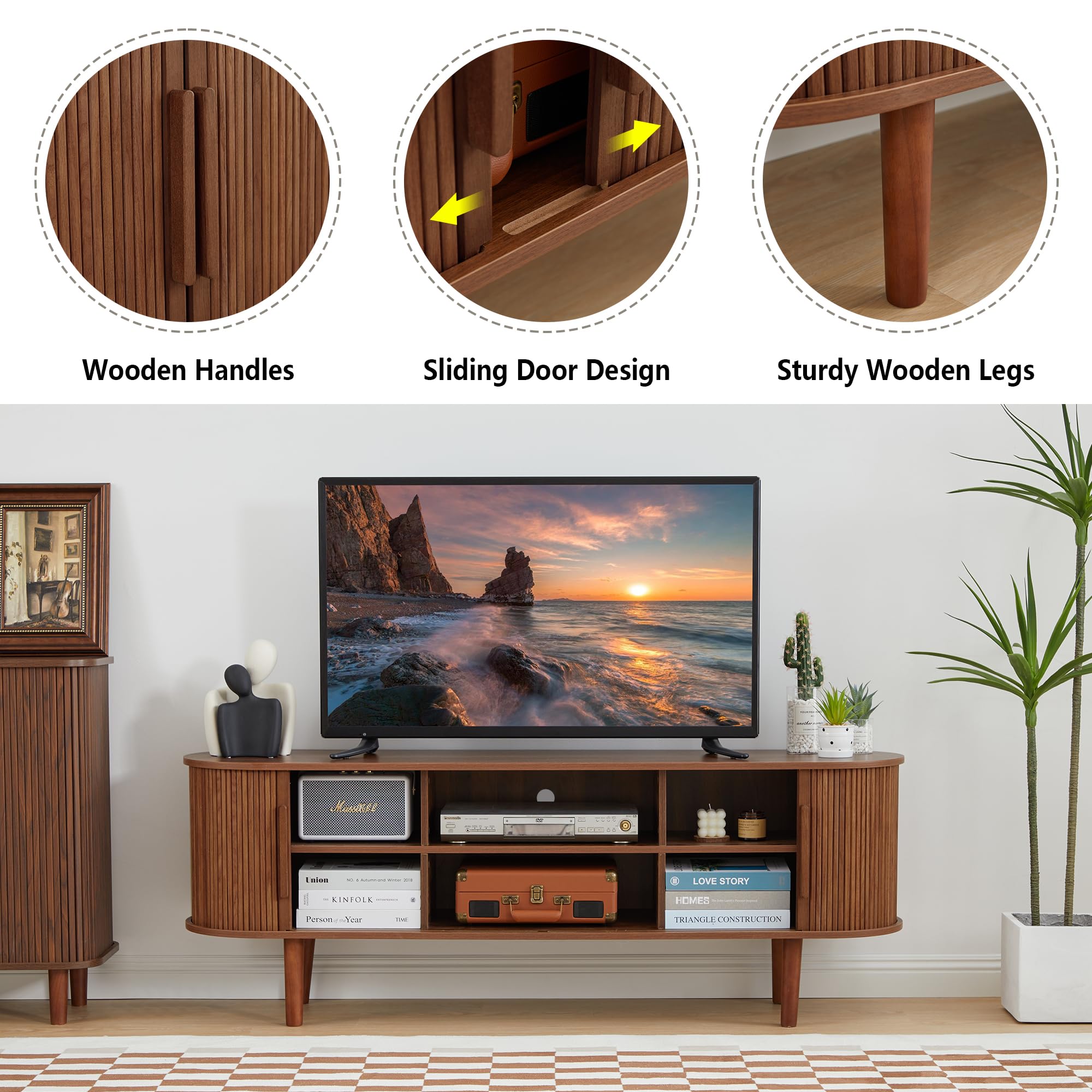 Modern Walnut TV Stand with Storage Compartment & Sliding Doors - Entertainment Center Console Table for Living Room, Bedroom, Office - Perfect for Gaming Setup & Media Organization