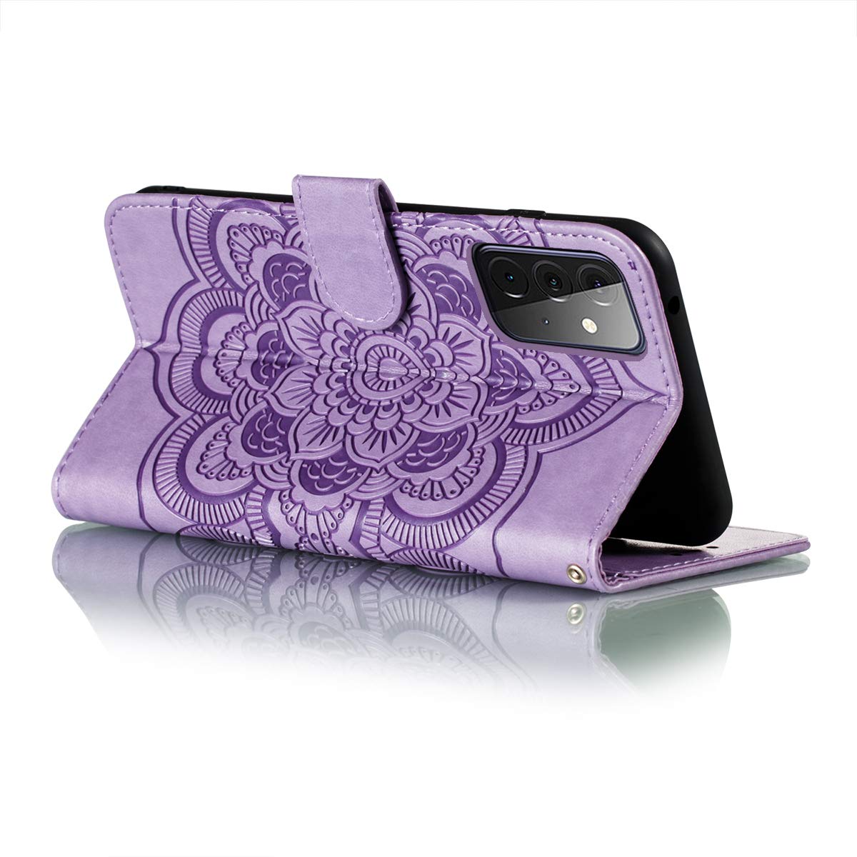 Premium PU Leather Flip Wallet Case for Samsung Galaxy A72 5G - Shockproof Embossed Mandala Design with Card Holder & Kickstand (Light Purple) | Perfect for Work, Travel & Everyday Protection
