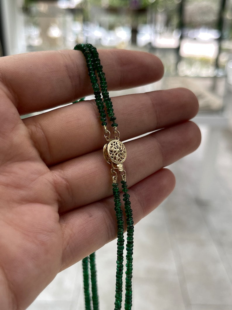 85+ Carat 14K Gold 22 Inch Dark Green Rondelle Emerald Bead 2 Strand Necklace for Women - Elegant Statement Jewelry for Parties, Weddings & Special Occasions