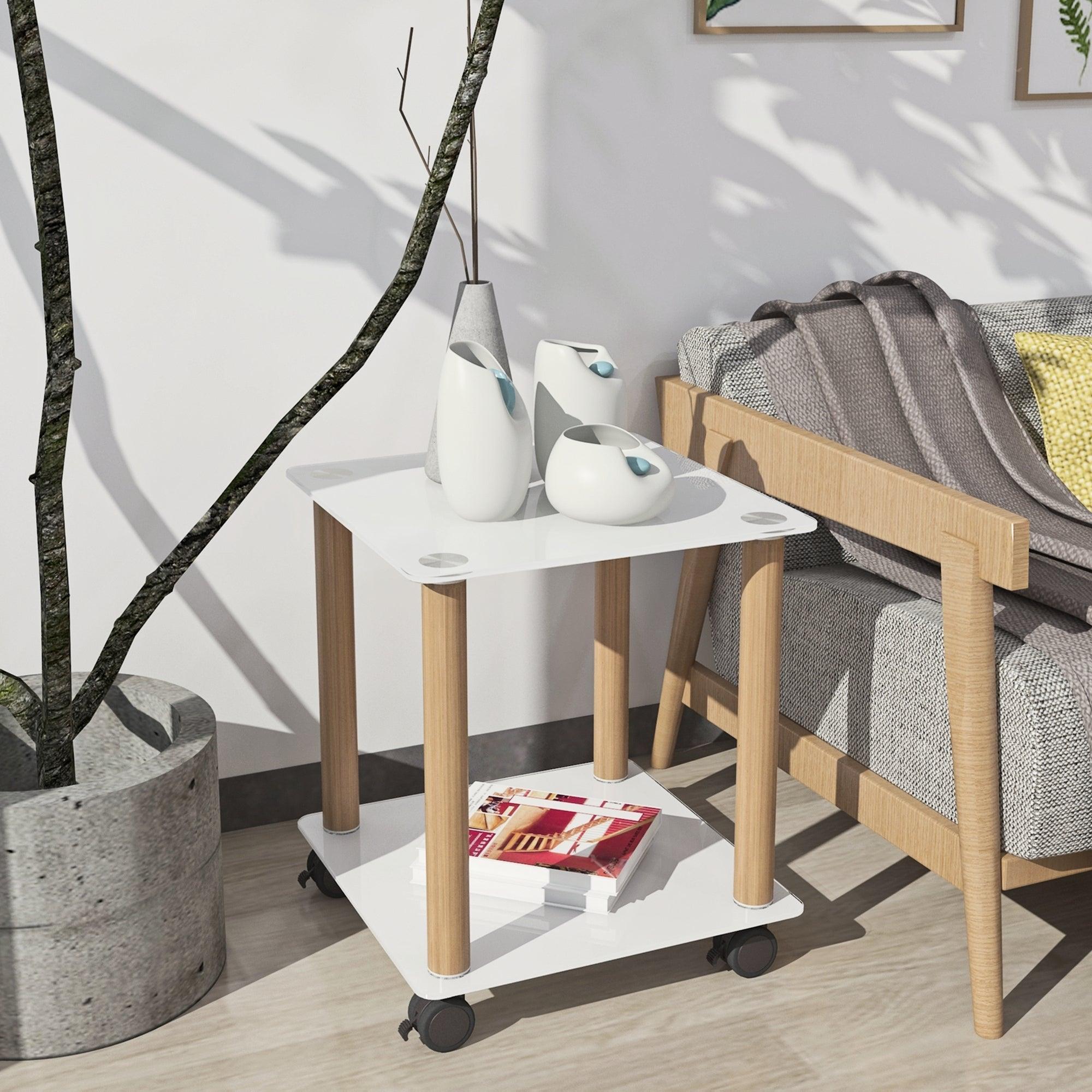 Modern 2-Tier White & Oak Side Table with Storage Shelf - End Table, Nightstand, Sofa Table for Living Room, Bedroom, Office - Space Saving Furniture for Small Spaces