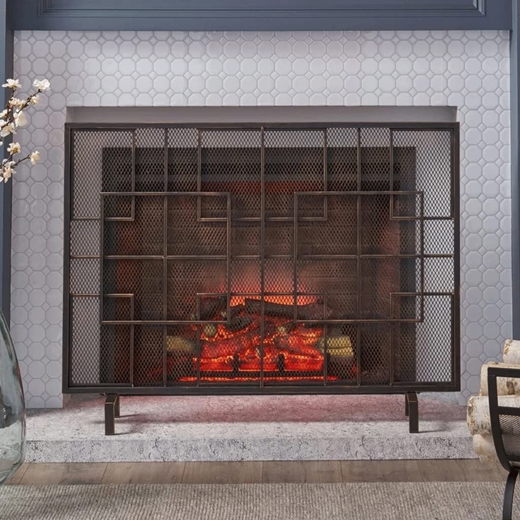 European Style Wrought Iron Fireplace Screen - Black Modern Fireplace Cover with Grid Design for Home Safety | Fireplace Door Screen & Family Fence Protection | Perfect for Living Rooms, Bedrooms, and Outdoor Fire Pits