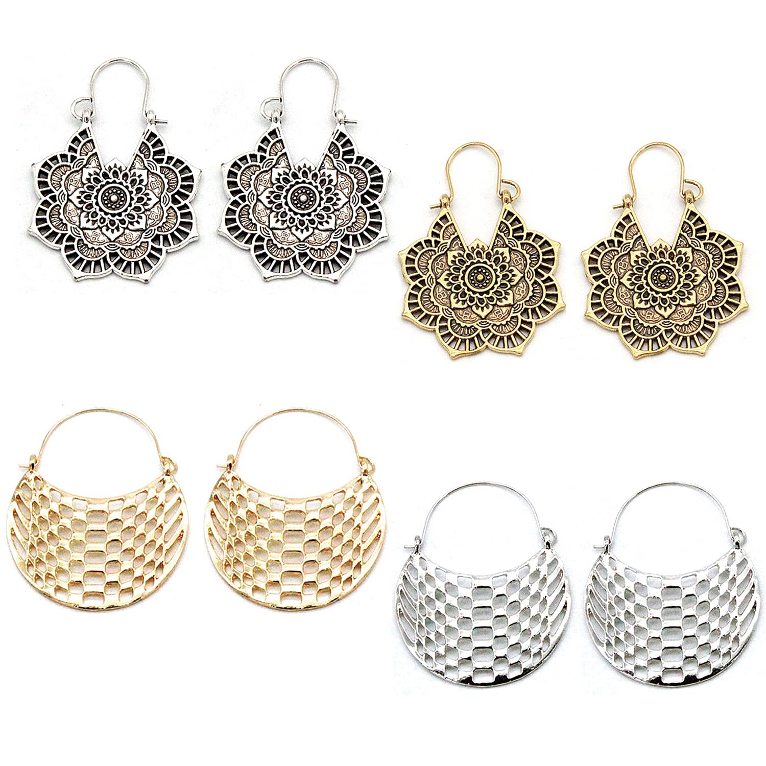 Vintage Mandala Flower Bohemian Drop Dangle Earrings - 4 Pairs Gypsy Statement Earrings for Women & Girls - Tribal Hollow Retro Jewelry Set - Perfect for Festivals, Parties & Boho Fashion