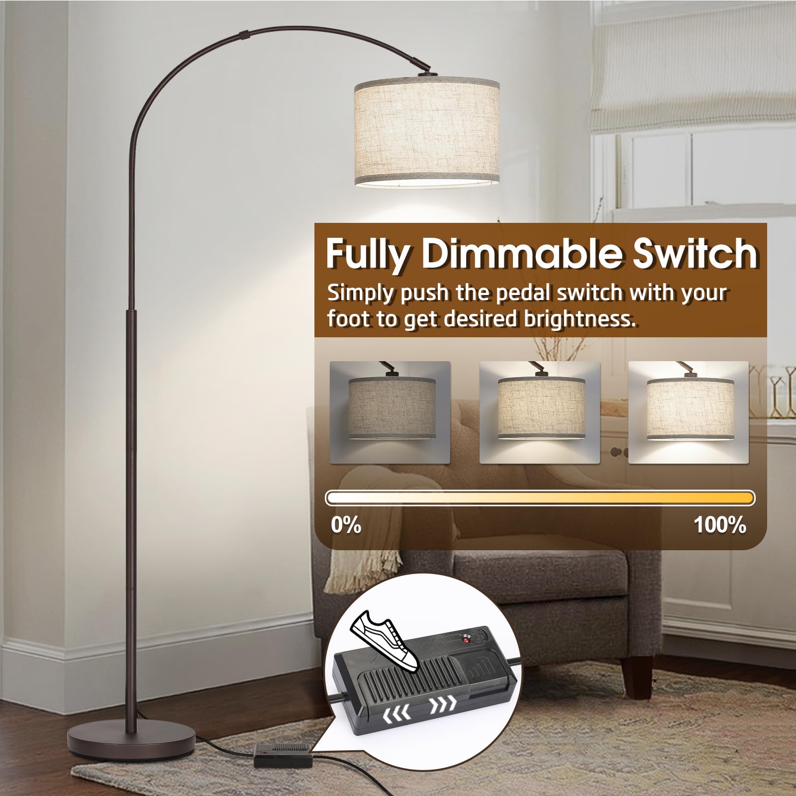 Dimmable Arc Floor Lamp - Adjustable Farmhouse Standing Lamp with Hanging Shade, 9W LED Bulb Included - Mid Century Modern Tall Pole Lamp for Living Room, Bedroom & Over Couch - Perfect for Reading Nook, Home Office & Cozy Farmhouse Decor