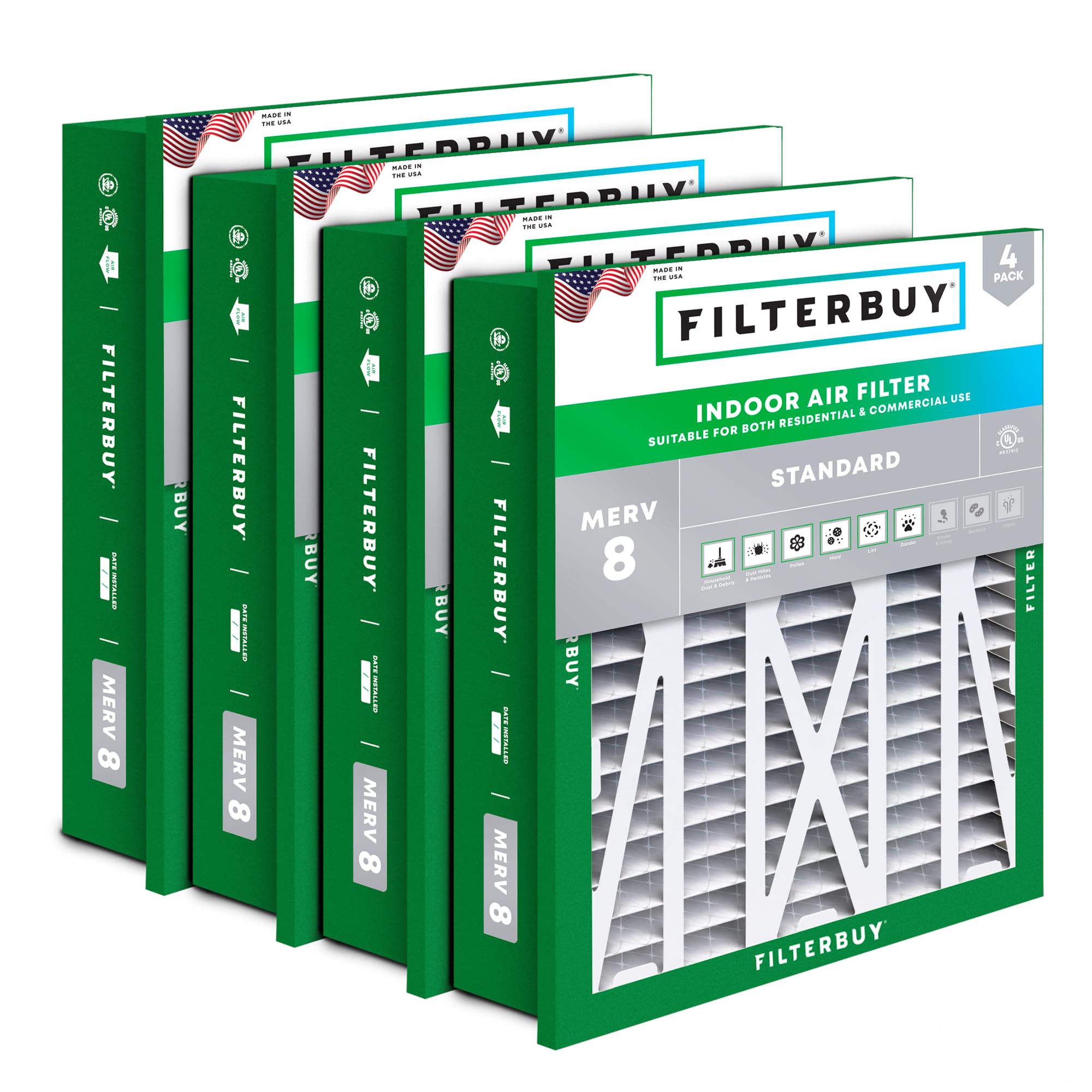 Filterbuy 24x24x5 MERV 8 Pleated Air Filter 4-Pack - Replacement for Honeywell HVAC, AC & Furnace - Dust Defense (Actual Size 22.38x22.38x4.38) - Perfect for Home, Office & Commercial Use
