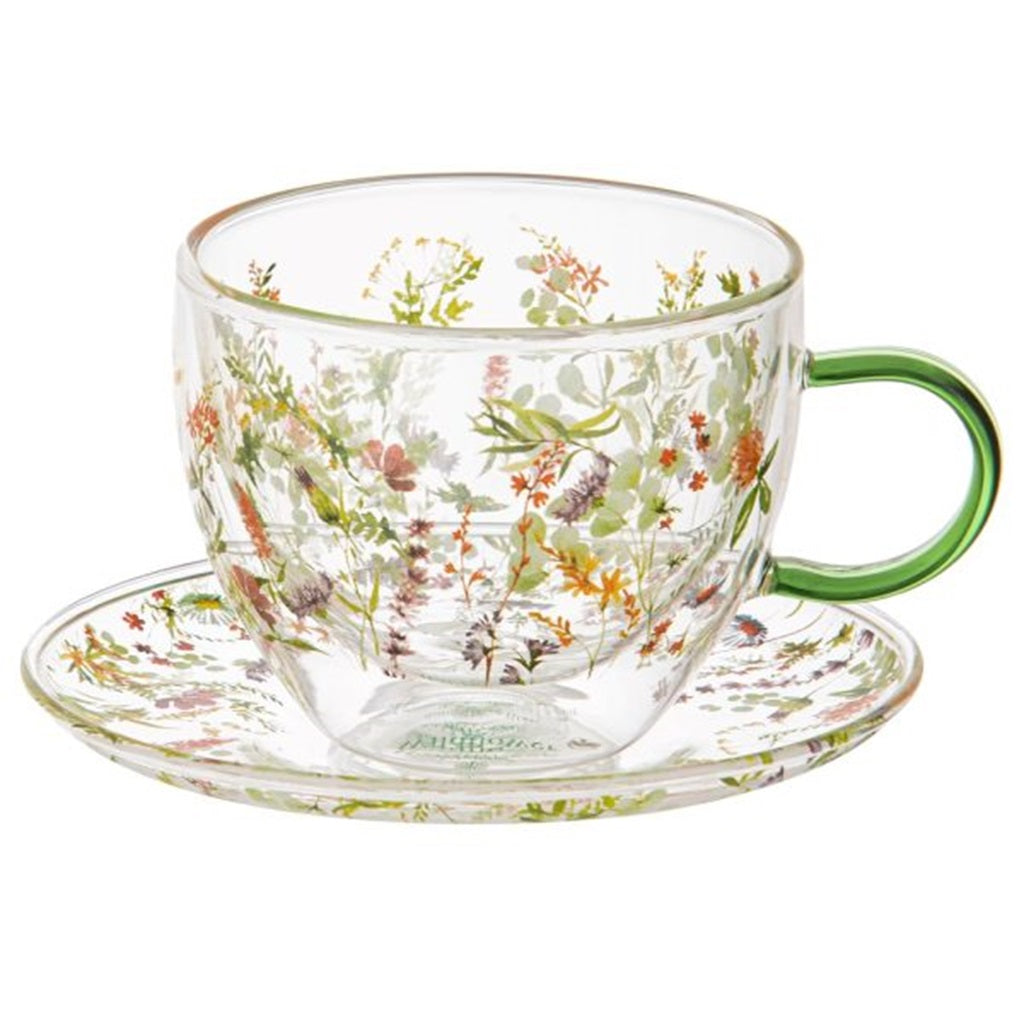 Ashdene Wildflowers Forest Double Walled Glass Cup & Saucer Set - Insulated Coffee Mug with Lid for Hot & Cold Drinks - Perfect for Tea, Coffee, Hot Chocolate, Iced Beverages at Home, Office or Cafe