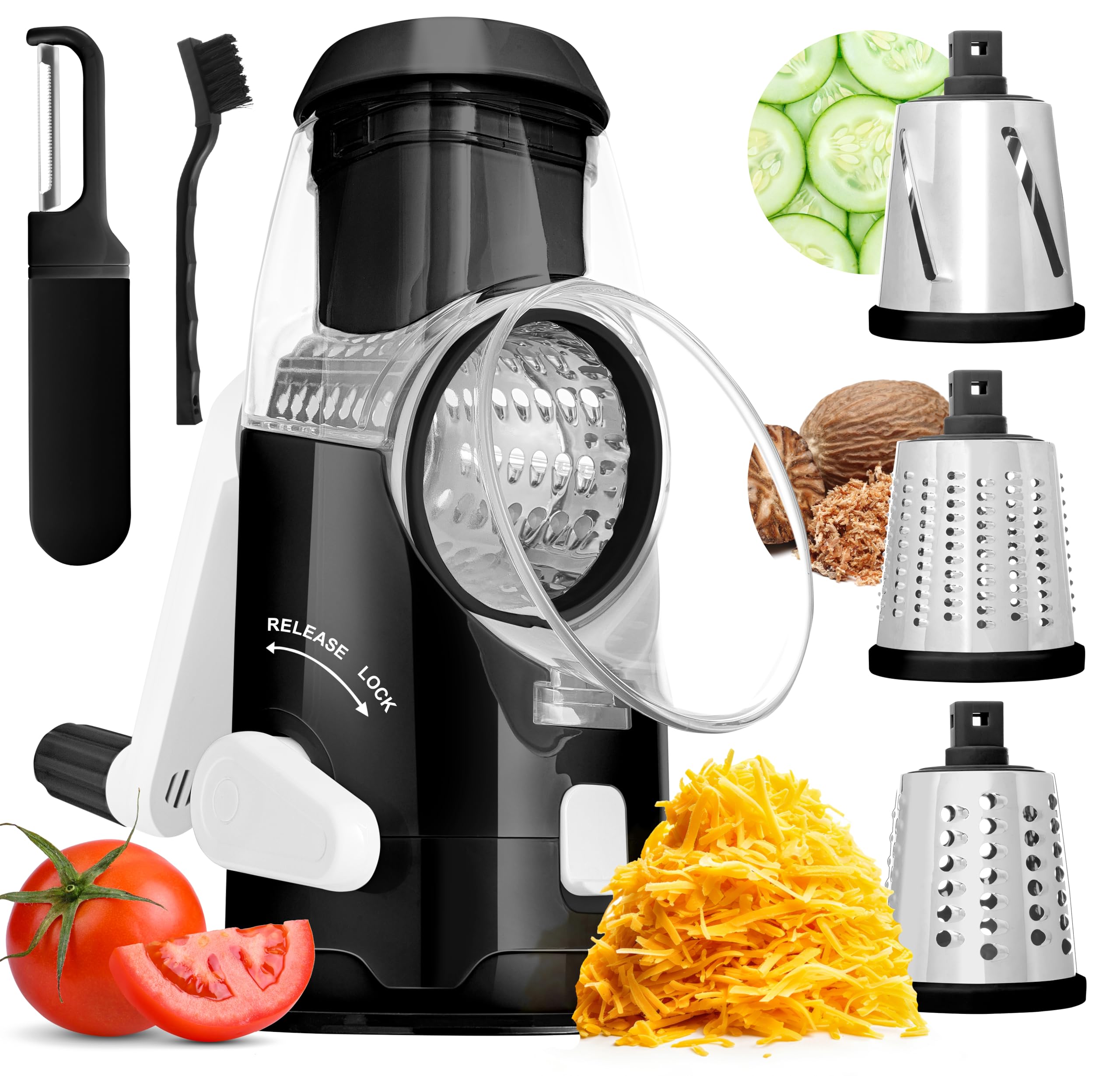 Premium Rotary Cheese Grater with Handle - 3 Stainless Steel Blades for Cheese, Vegetables & Nuts | Mandoline Slicer & Peeler Included | Perfect for Kitchen, Camping & Meal Prep (Black)