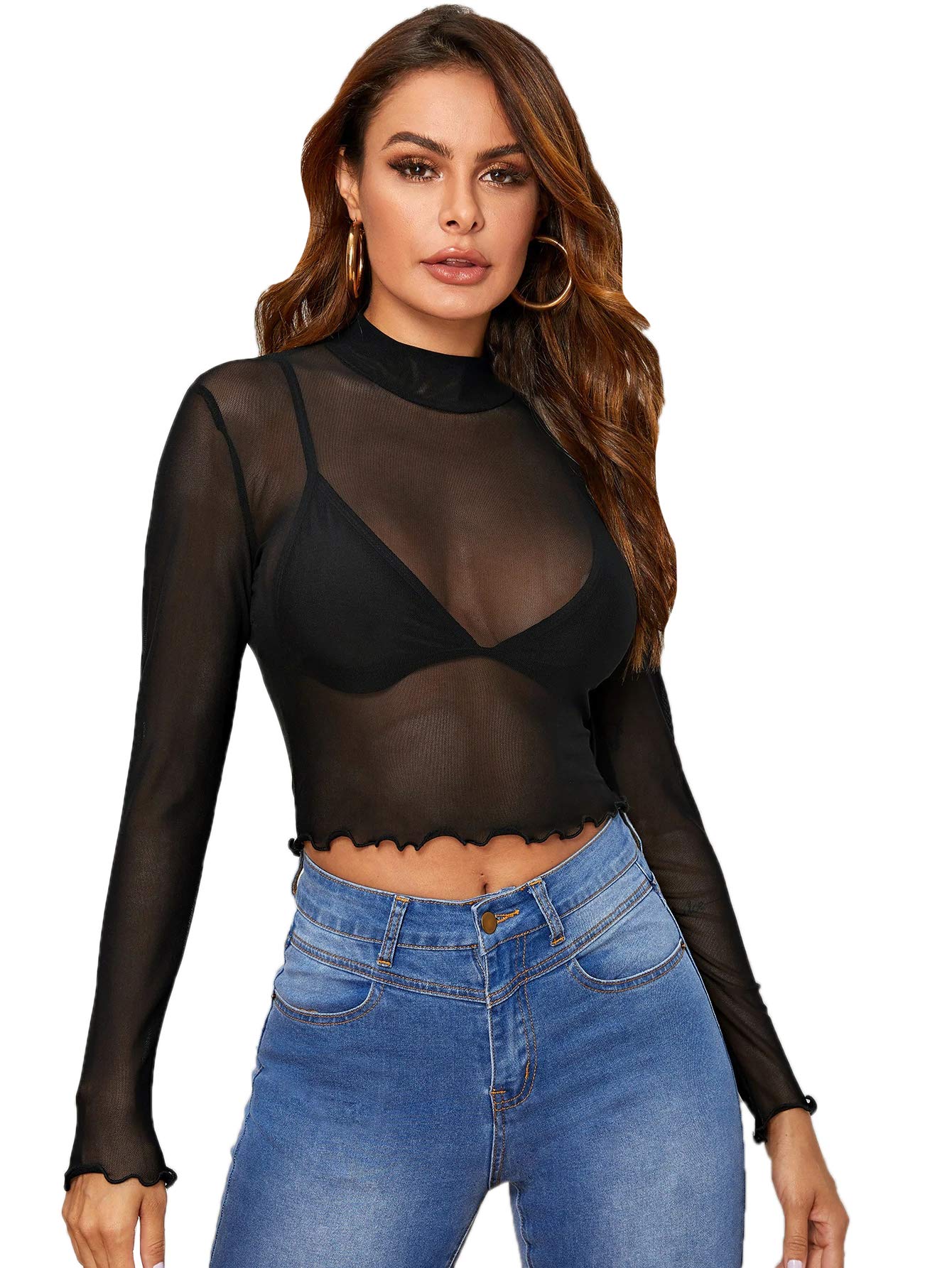 SweatyRocks Women's Sheer Mesh Long Sleeve Crop Top - Sexy See Through Blouse for Layering, Night Out & Festival Fashion