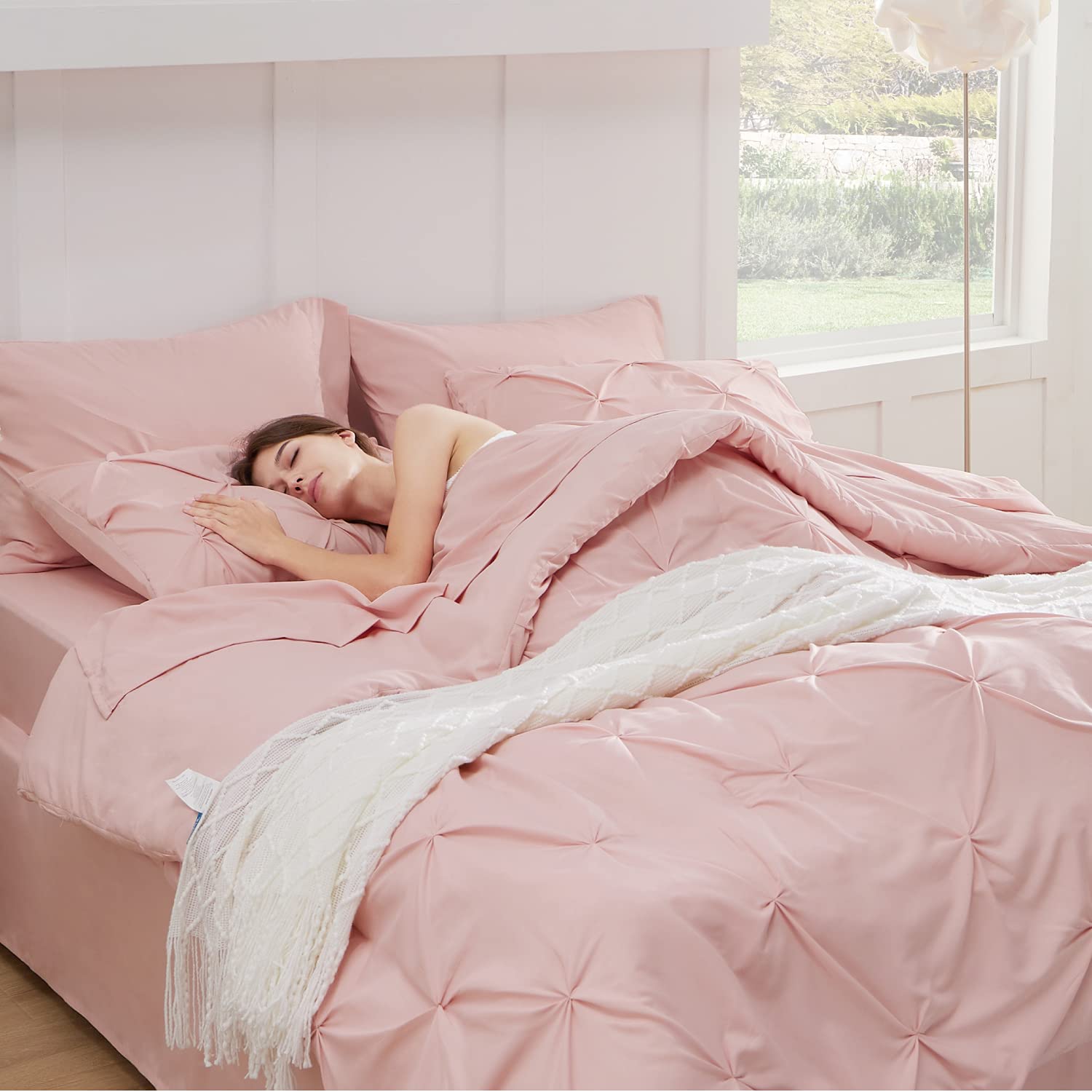 Bedsure King Size Comforter Set - 7 Piece Pink Pinch Pleat Bedding Set with Comforter, Sheets, Pillowcases & Shams | Ultra Soft GentleSoft™ Pintuck Design | Perfect for Master Bedroom, Guest Room & Gift Giving | Machine Washable Luxury Bed in a Bag