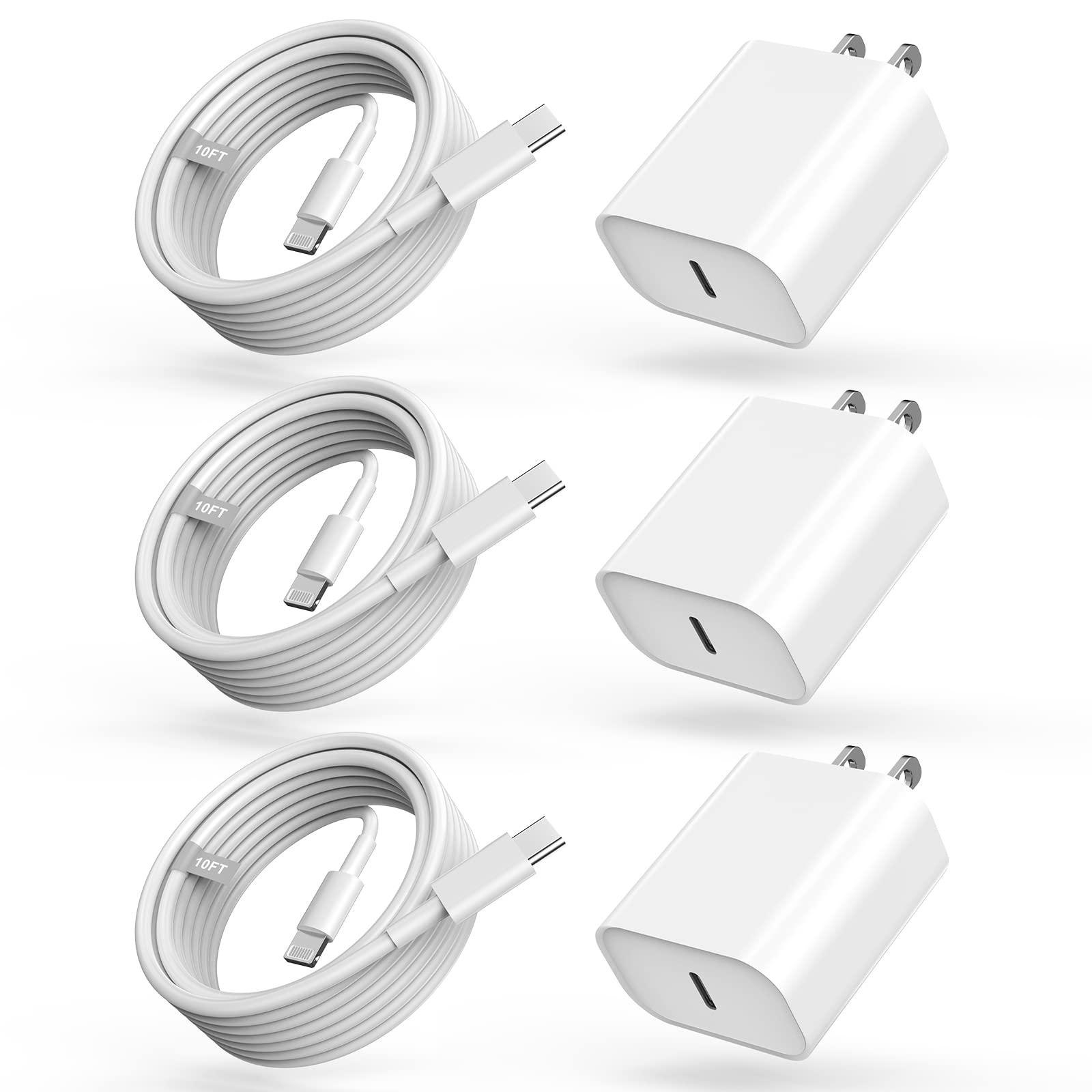 10FT iPhone 14/13 Fast Charger 3-Pack - 20W PD USB C Wall Charger with 3x 10FT Type C to Lightning Cables - Compatible with iPhone 14/13/12/11/Pro Max/XS/XR/X/8 - Perfect for Home, Office & Travel Fast Charging