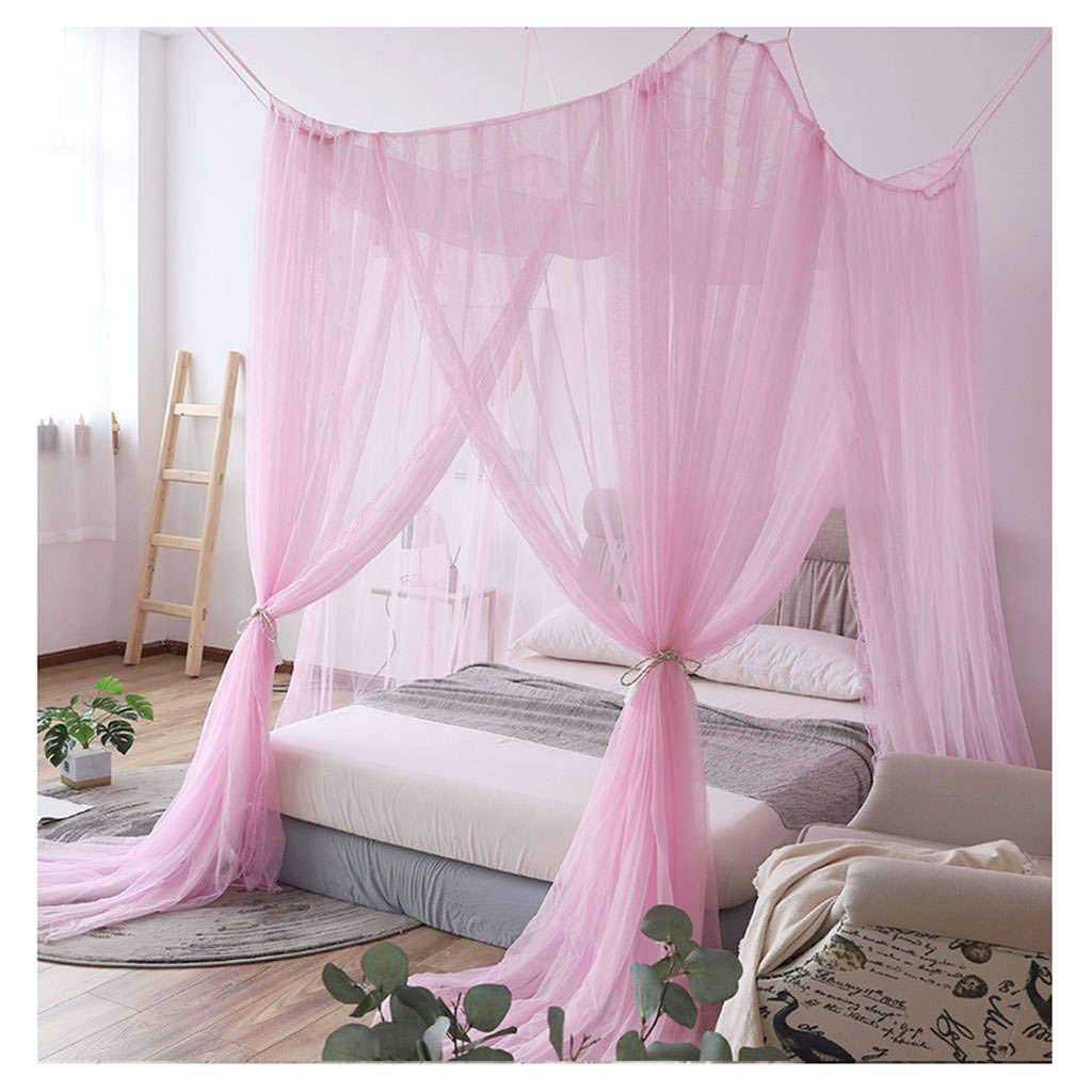 HUNOL 4 Corner Bed Canopy with Four Doors - Full Size Mosquito Net for Summer - Universal Quick & Easy Installation (Pink, Fits 1.2-2.2m Beds) - Perfect for Bedroom, Nursery, Outdoor Camping & Travel Protection