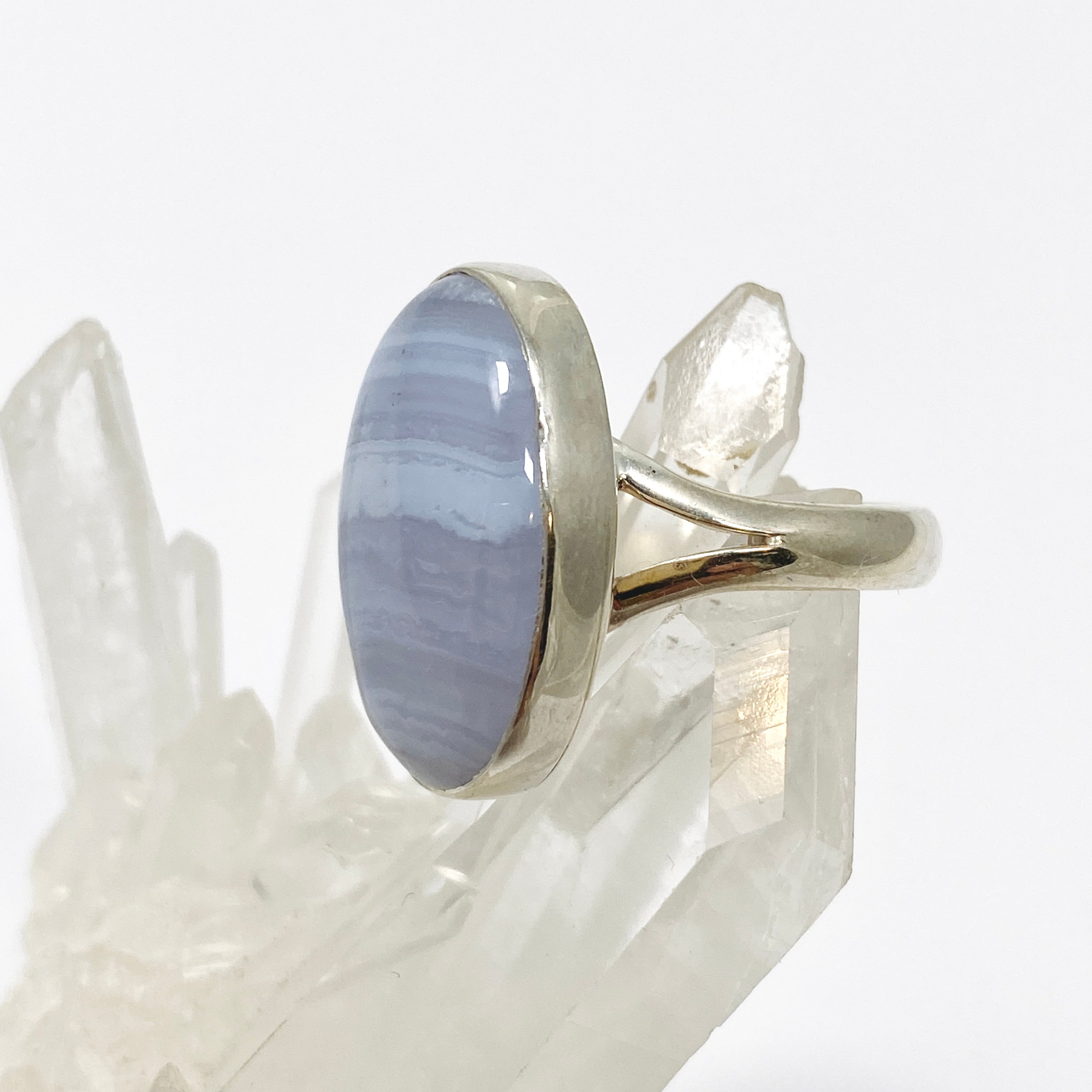 Blue Lace Agate Oval Cabochon Ring - Size 8 - KRGJ3377 - Elegant Handmade Jewelry for Women, Perfect for Weddings, Parties & Everyday Wear