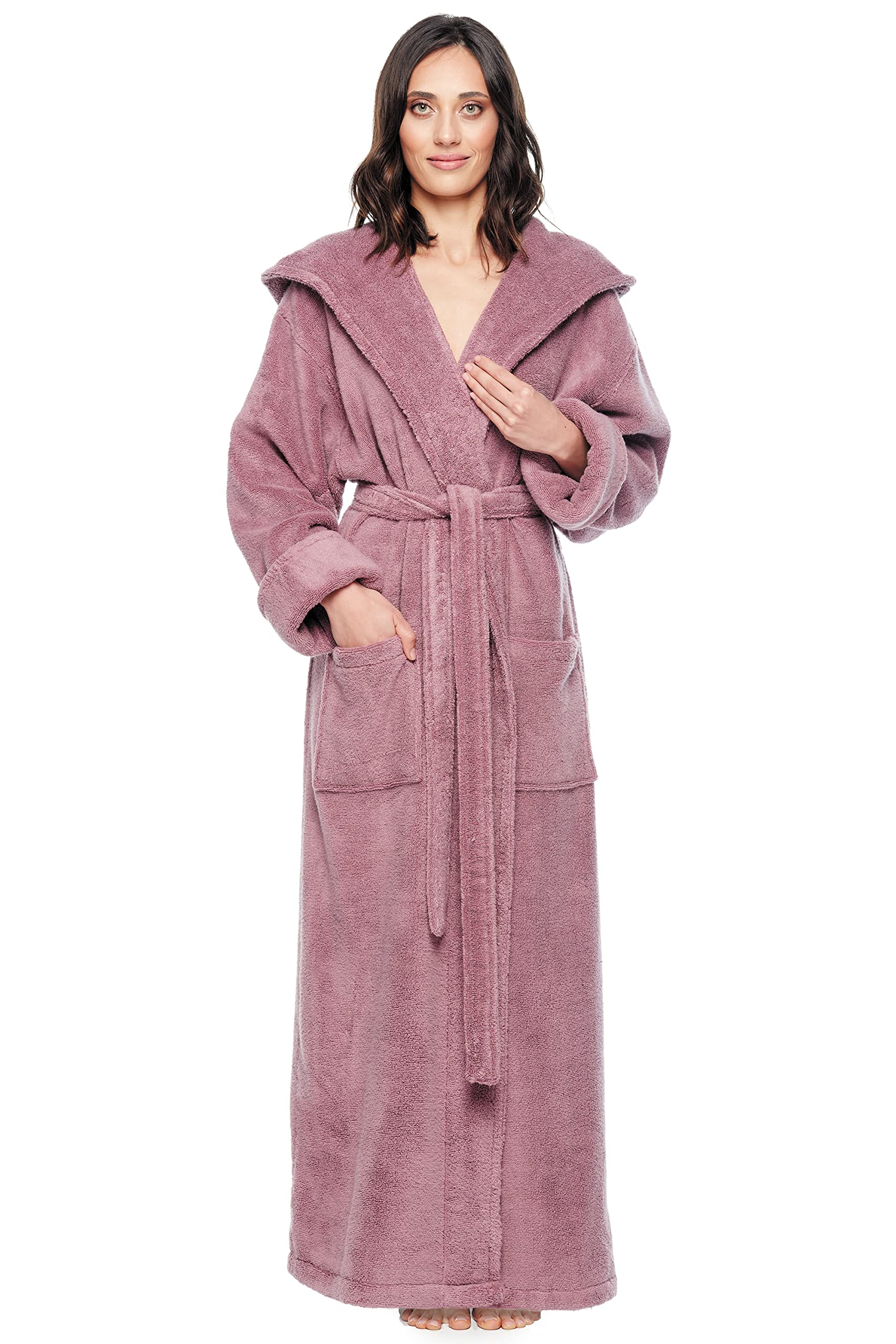 Arus Women's Soft Twist Hooded Full Length Turkish Cotton Bathrobe - Cozy & Absorbent for Spa, Lounge & After Shower Relaxation