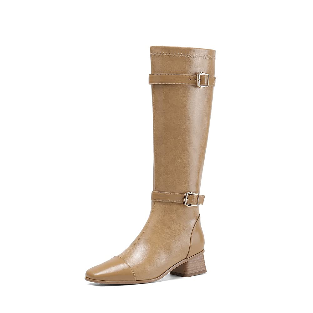 TinaCus Women's Square Toe Genuine Leather Knee High Boots - Handmade Chunky Heel Buckle Booties with Zipper | Trendy Fall Winter Fashion for Office, Party & Night Out