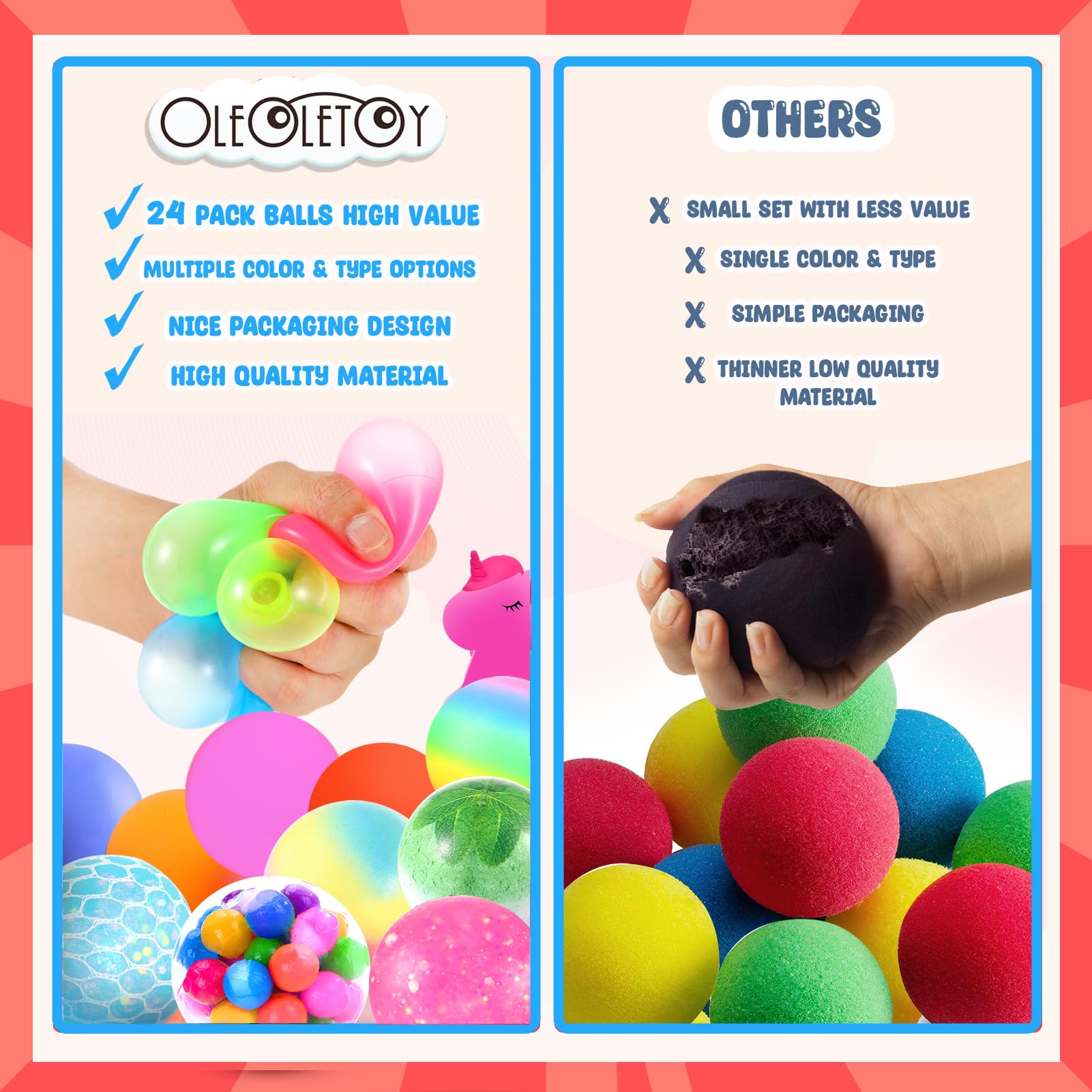 24 Pack Squishy Stress Balls for Adults & Kids - Sensory Fidget Toys for Autism, Anxiety Relief - Bulk Easter Basket Stuffers, Classroom Prizes, Travel Toys & Office Desk Stress Relief (OleOletOy Brand)