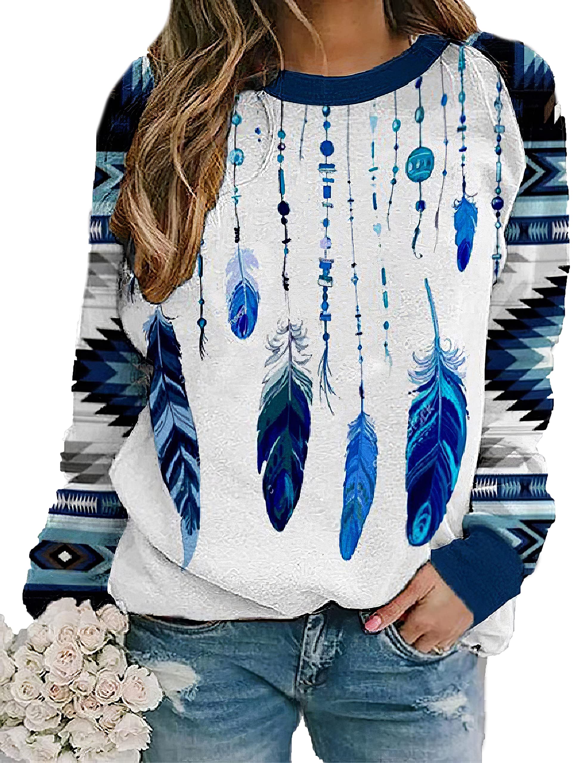 Vintage Aztec Print Women's Sweatshirt - Casual Long Sleeve Crewneck for Western Style