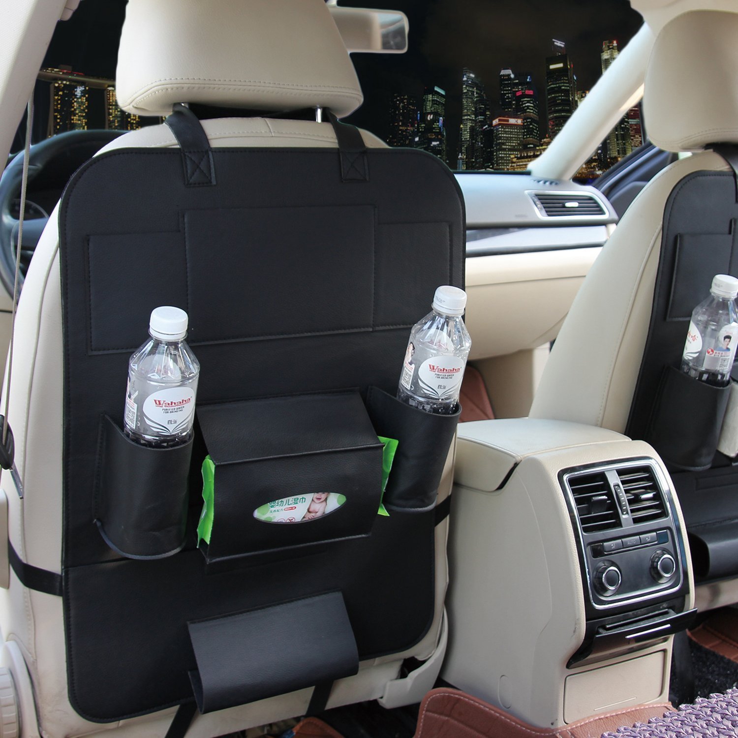 HCMAX 1 Pack Car Seat Back Organizer - PU Leather Storage Pocket with iPad Mini Holder, iPhone Cup Holder & Umbrella/Tissue Box Compartment - Backseat Protector & Kick Mat - Perfect for Road Trips & Family Travel (Black)