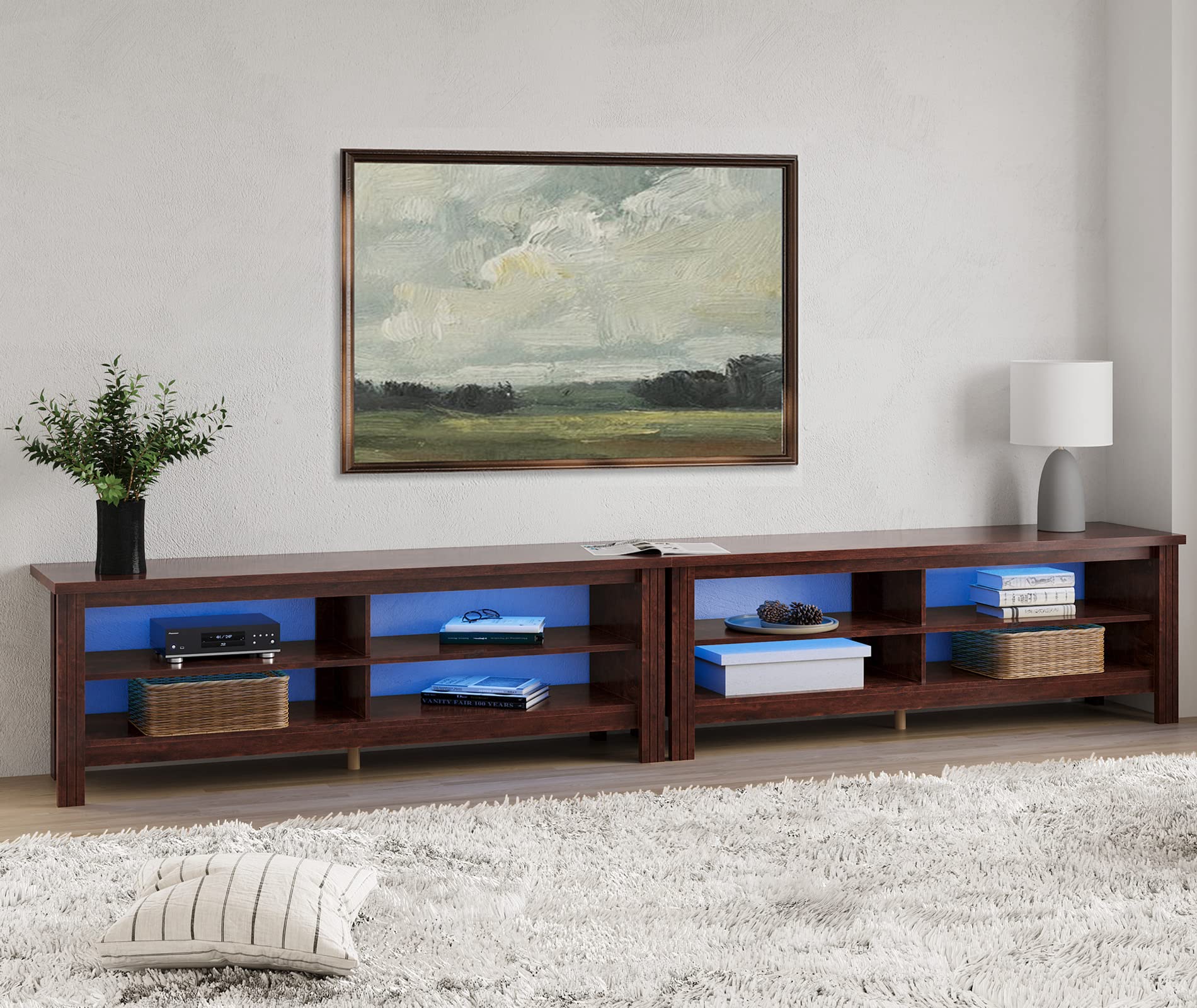 WAMPAT 90 Inch LED TV Stand - Brown Entertainment Center with 8 Storage Cubby for 80-85 Inch TVs, Sturdy TV Console Table for Living Room & Bedroom - Perfect for Home Theater Setup & Media Organization