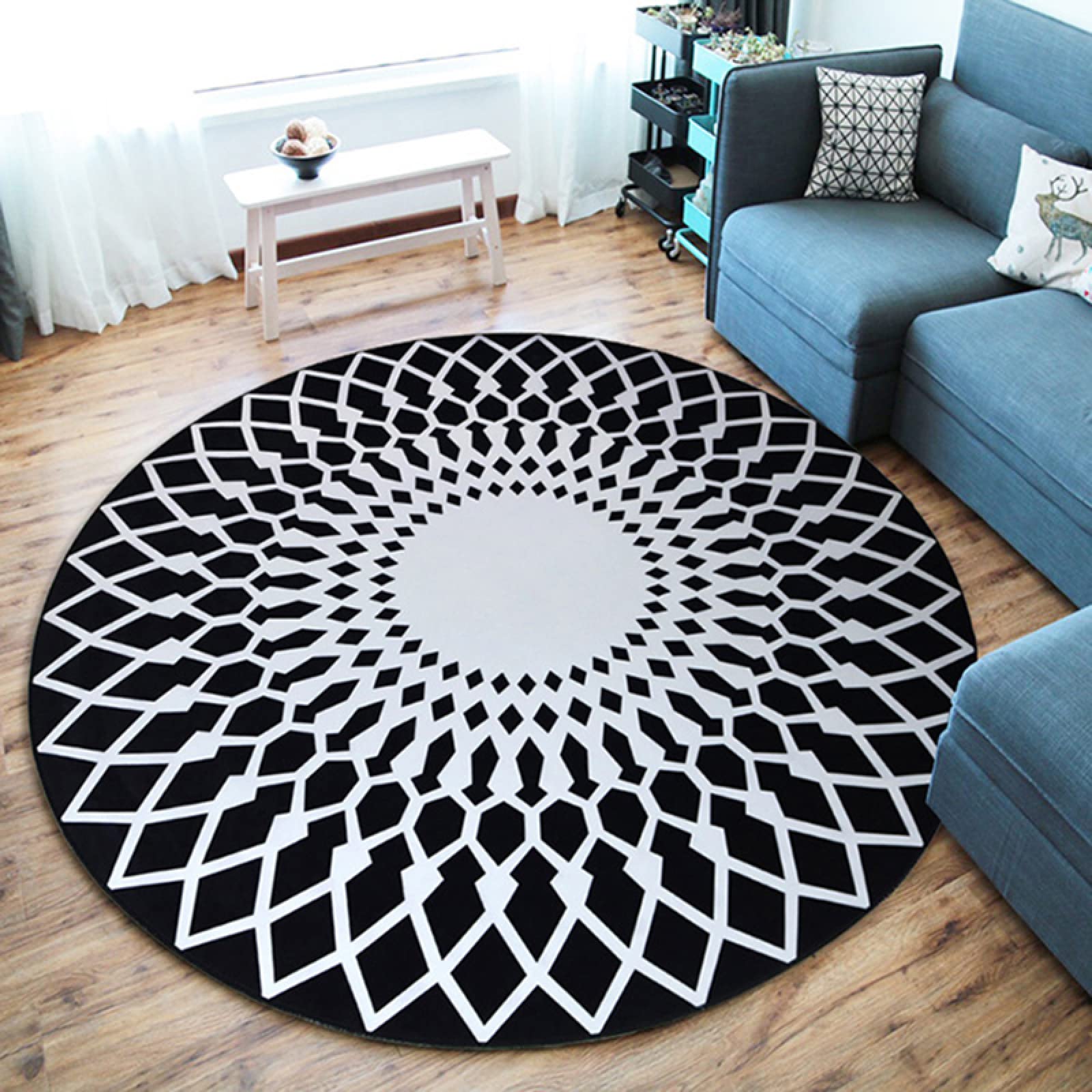 JUEWEIER Geometric Black and White Round Carpet - Non-Slip Modern Floor Mat for Bedroom, Living Room, Home Decor | Perfect for Cozy Spaces, Nursery, Office & Dorm Room