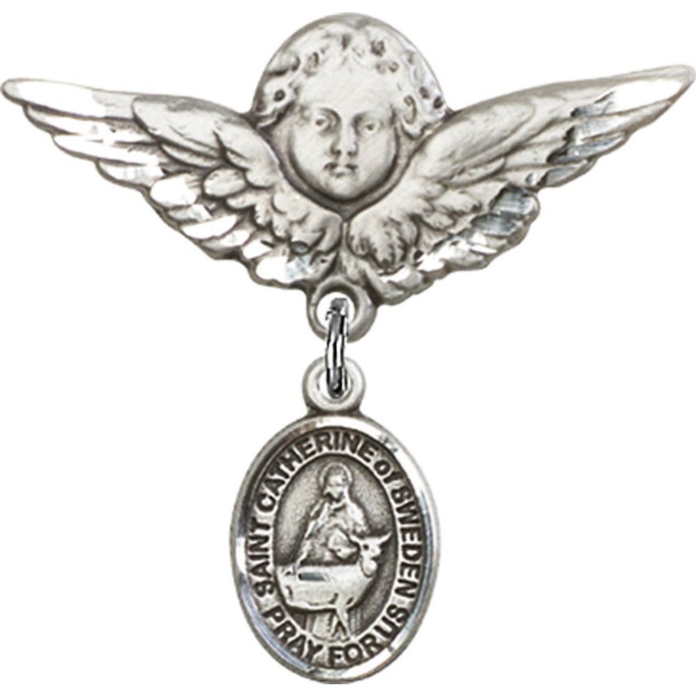 Sterling Silver Baby Badge with St. Catherine of Sweden Charm & Angel Wing Pin - Perfect for Christening Gifts, Baby Blessings & Religious Ceremonies