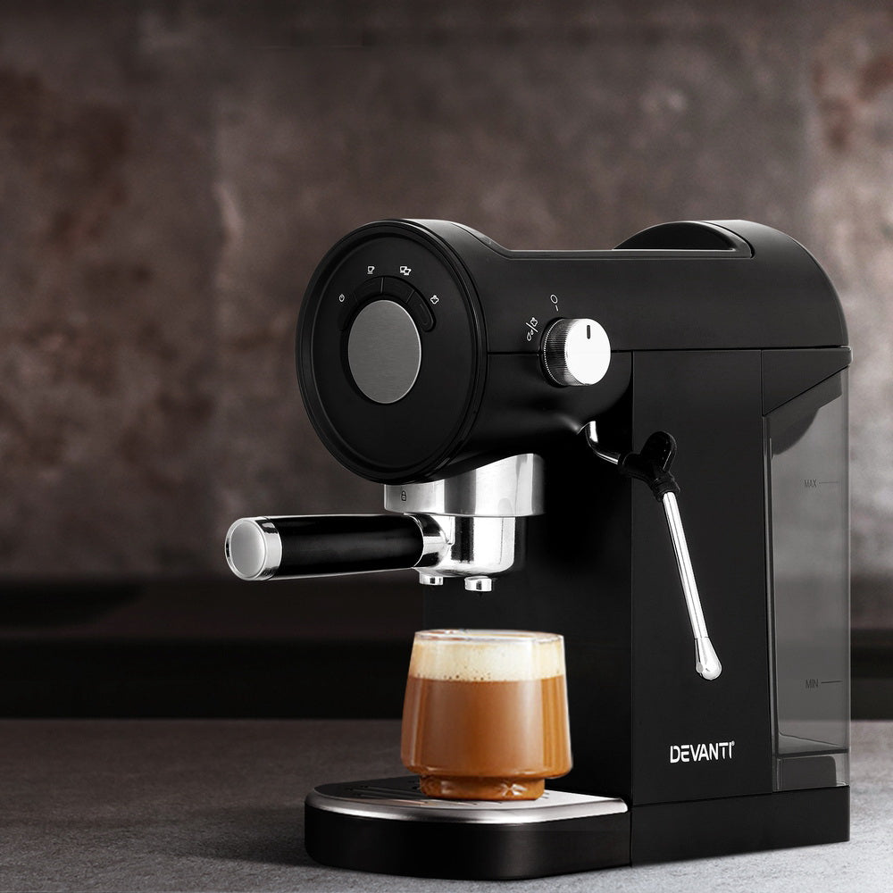 Devanti 20 Bar Pressure Espresso Coffee Machine - Professional Cafe Maker for Home & Office, Black | Perfect for Latte, Cappuccino & Americano Lovers