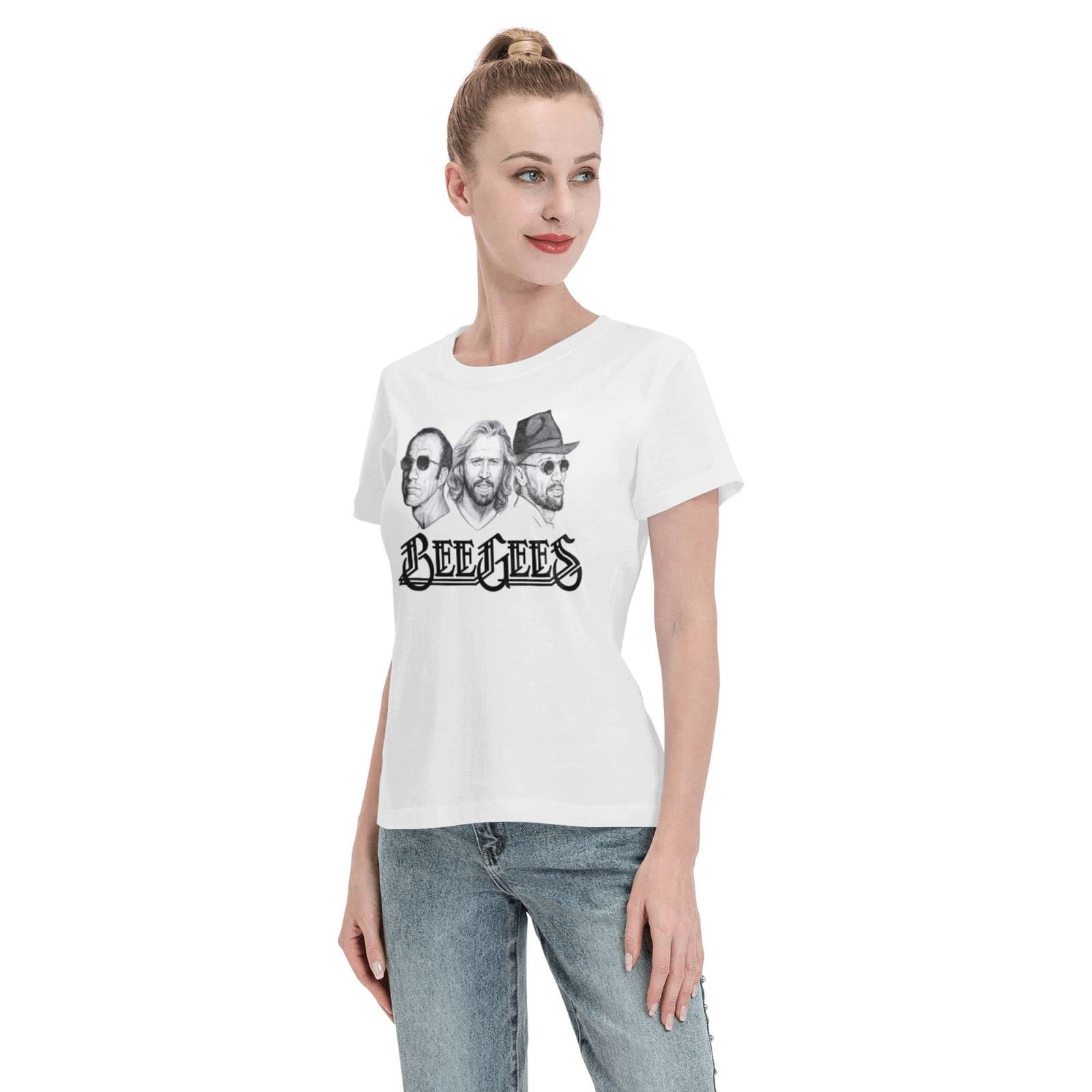 British Music Bee Theme Gees Band Logo Women's T-Shirt - Casual Short Sleeve Crewneck Tee with UV Protection | Perfect for Concerts, Music Festivals & Everyday Wear (Medium, White)