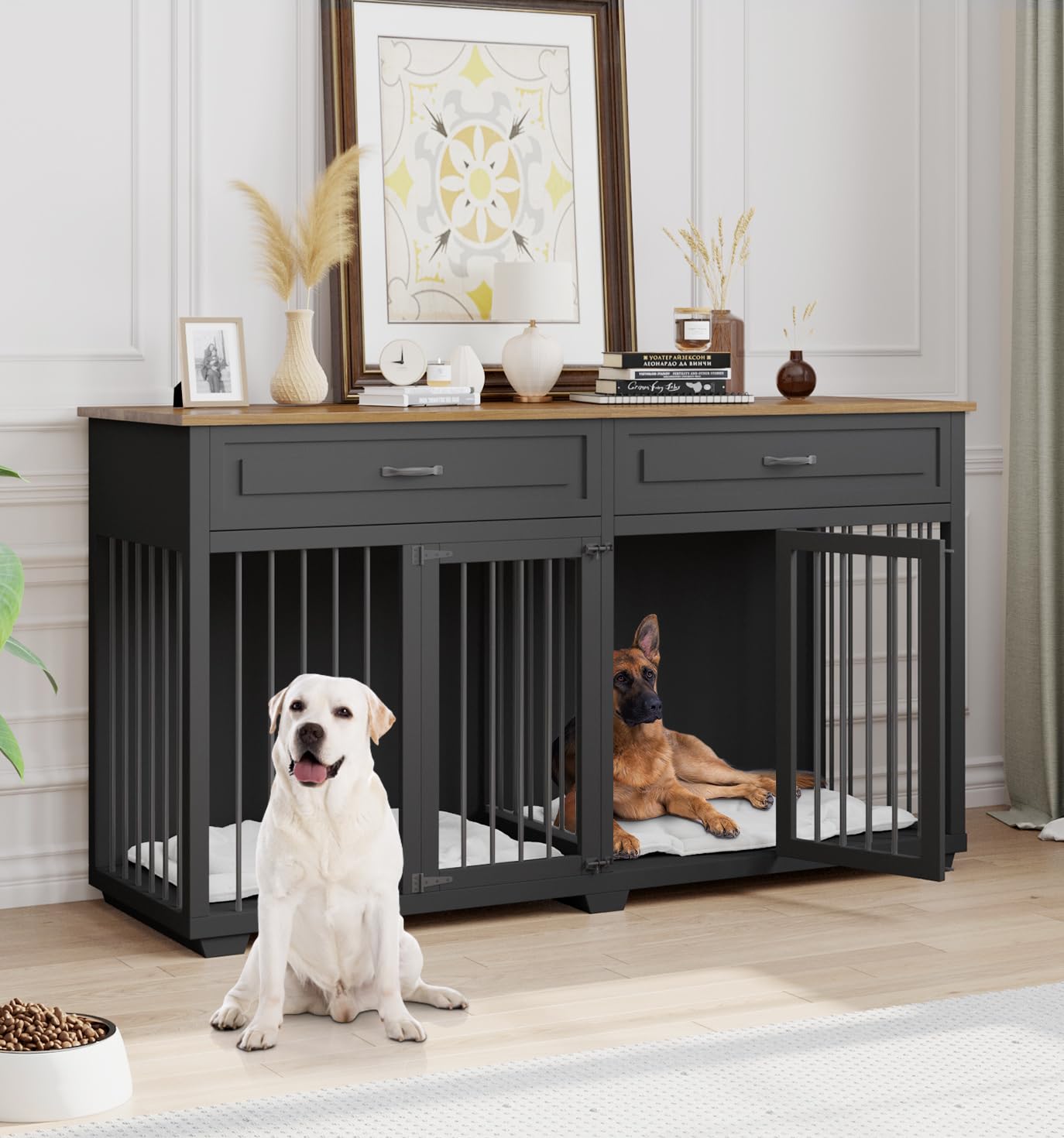 Lovinouse 73 Inch Heavy Duty Wooden Dog Crate with Double Room & Removable Divider - Furniture Style Dog Kennel House for Small, Medium, Large & X-Large Dogs - Black - Perfect as TV Stand or Entertainment Center for Living Room & Bedroom