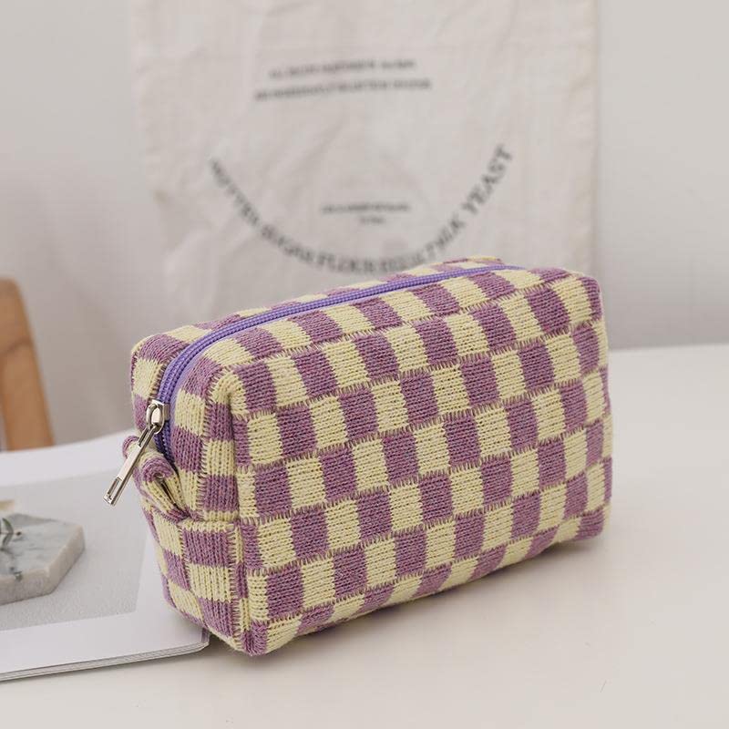 2 Pcs Small Checkered Makeup Bag Set - Mini Cosmetic Pouch & Brush Organizer for Purse, Travel Essentials | Cute Aesthetic Accessories Storage for Women | Perfect for Daily Use, Traveling & Gift Giving