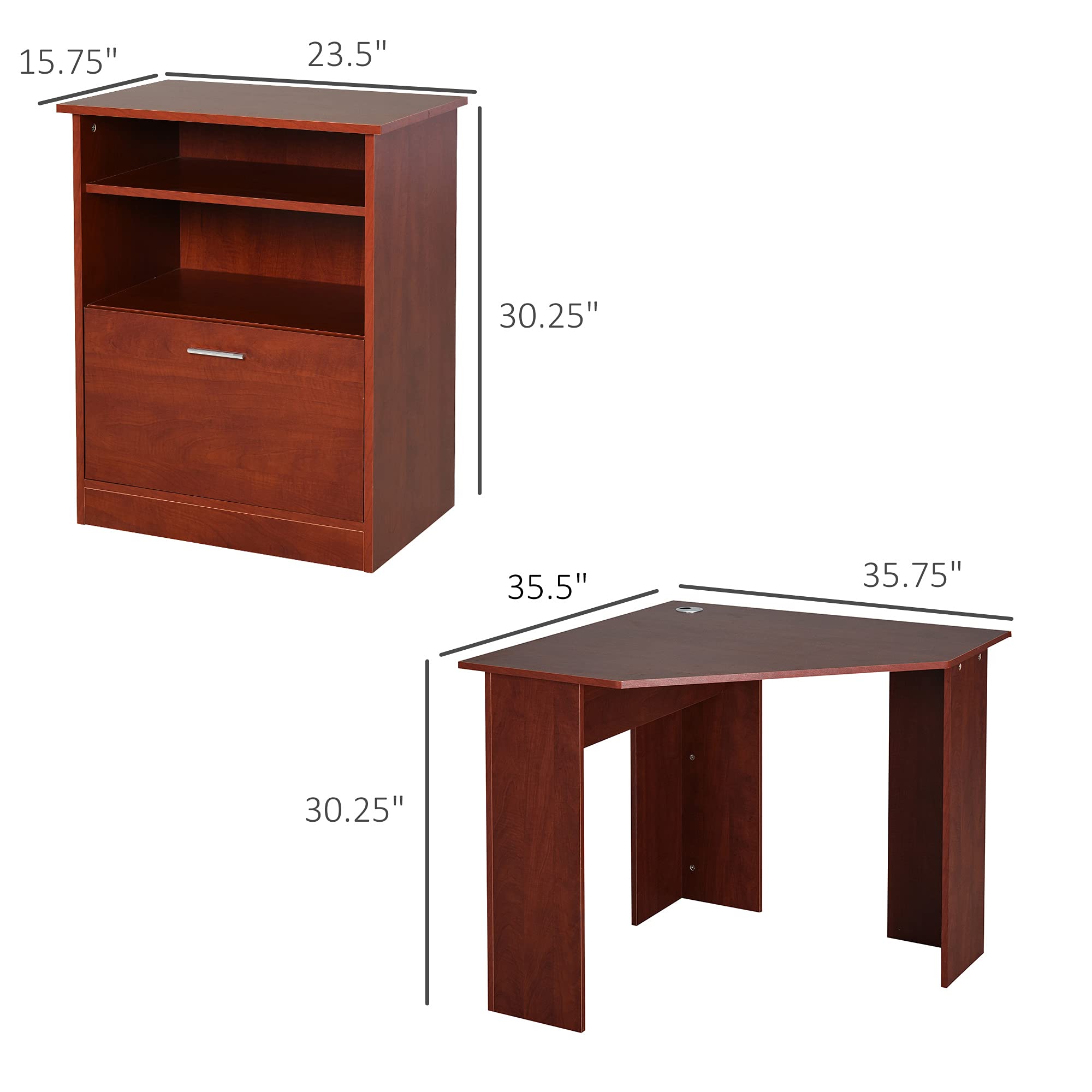 HOMCOM L-Shaped Computer Desk with Printer Cabinet & Storage | Corner Study PC Workstation for Home Office | Cherry Finish | Ideal for Small Spaces & Home Office Organization