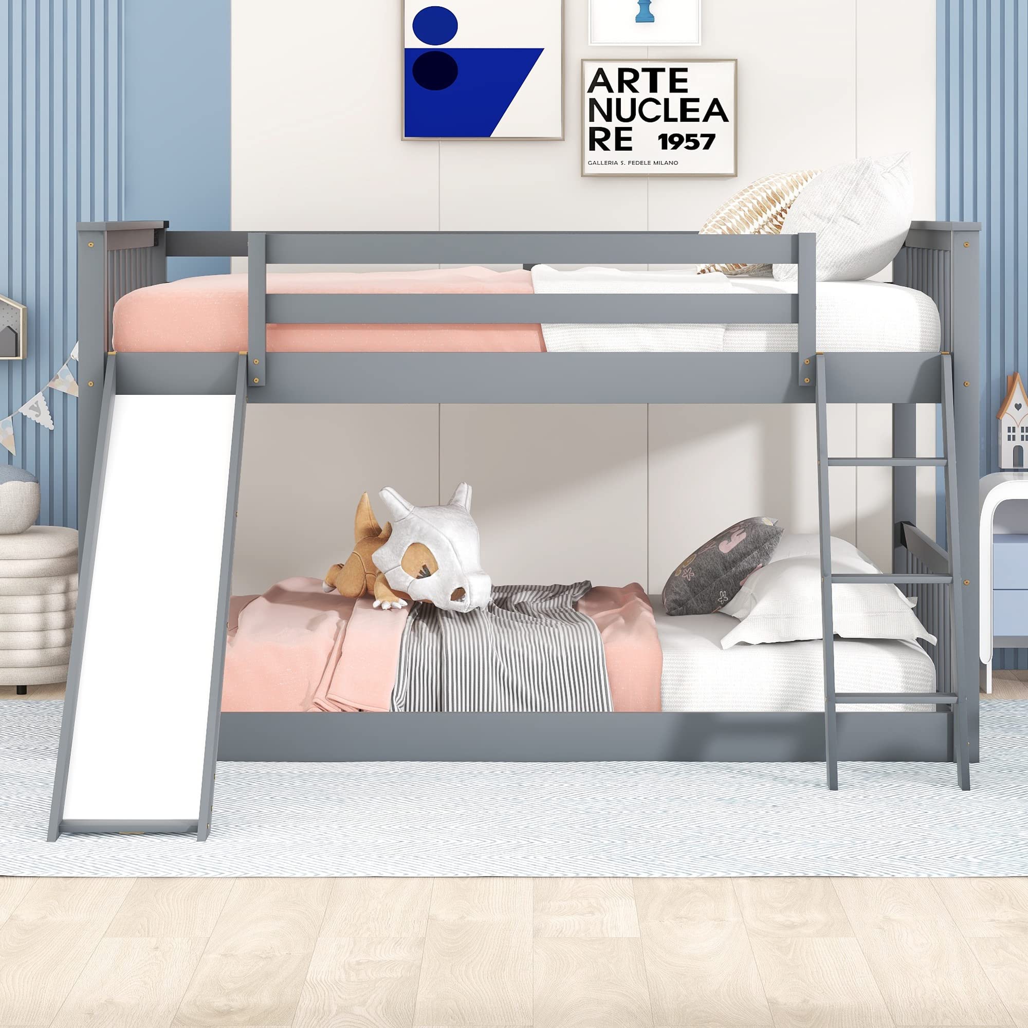 Full Over Full Low Bunk Beds with Slide for Kids - Sturdy Wood Bunk Bed Frame for Boys, Girls & Teens - Space-Saving Bedroom & Dorm Furniture - Perfect for Siblings Sharing Rooms or Small Spaces (Gray)