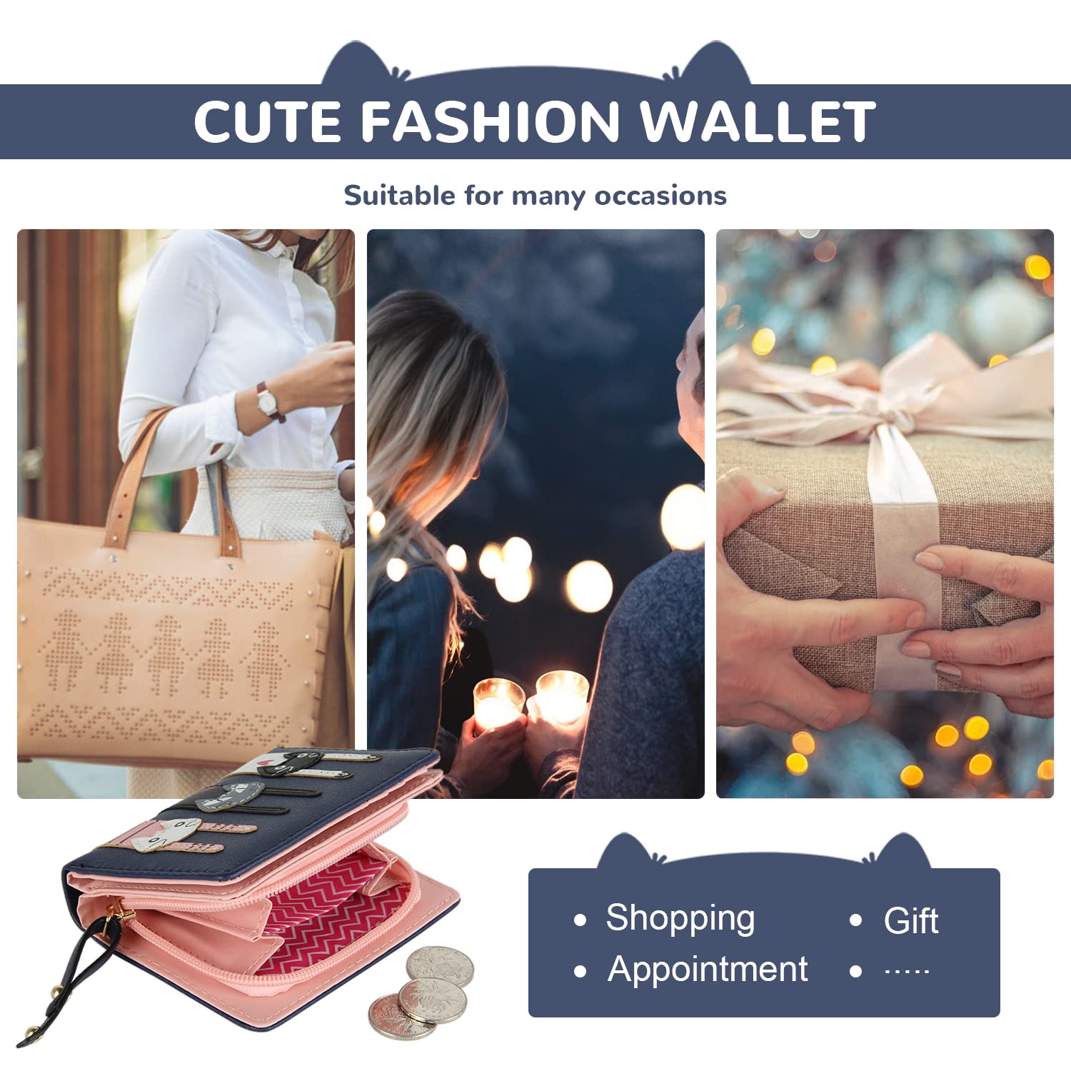 EVEOUT Women's Wallet - PU Leather Bifold Wallet with Coin Purse & Card Slots, Compact & Stylish Money Organizer (Blue) - Perfect for Everyday Use, Travel, and Gift Giving