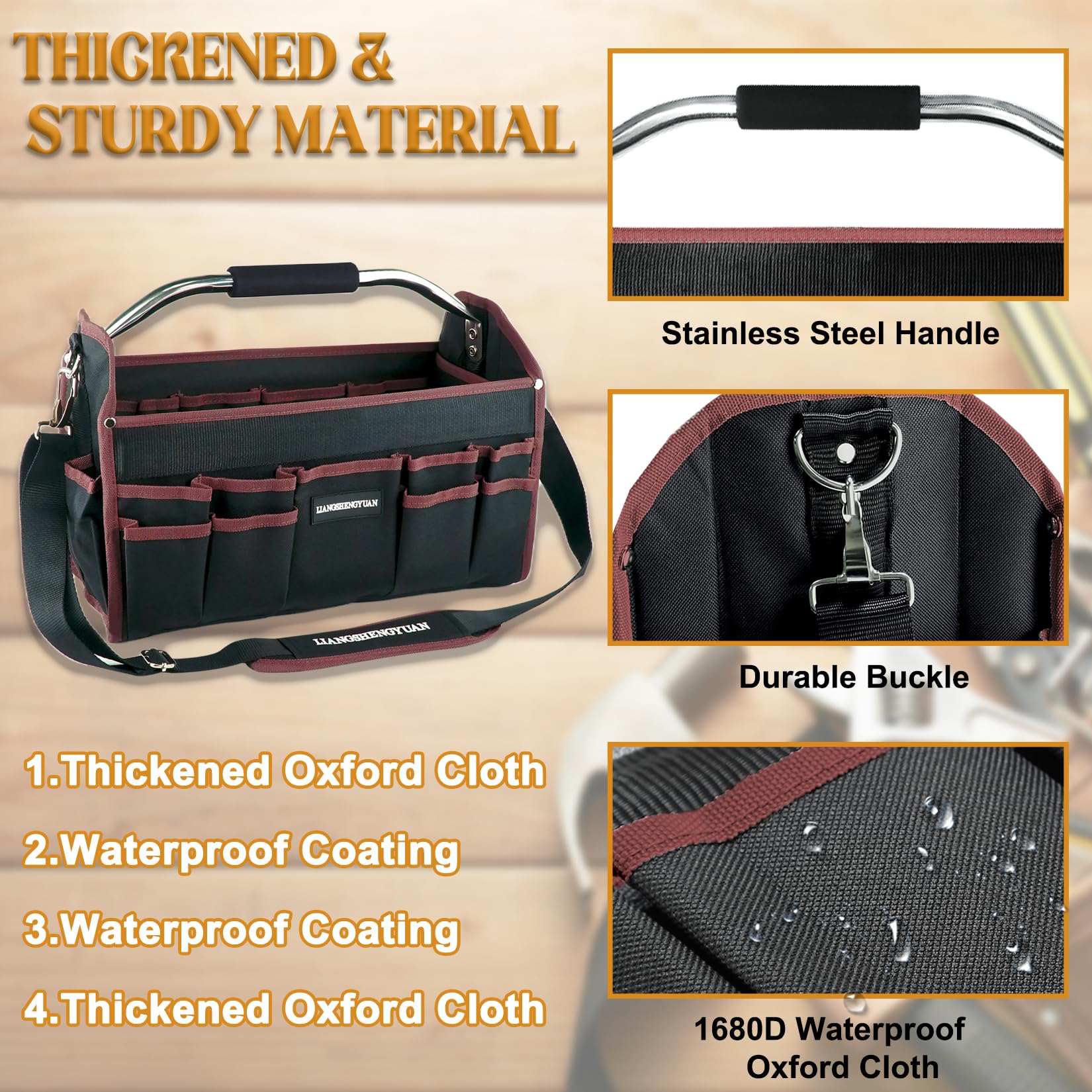 16-Inch Heavy Duty Open Top Tool Tote Bag with 30 Pockets - Waterproof Electrician Tool Carrier for Men - Foldable Wide Mouth Design with Stainless Steel Handle & Removable Shoulder Strap - Perfect for Construction, HVAC Work and DIY Home Improvement Projects